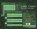 Stream schedule template with a lunar/magical theme in green tones.