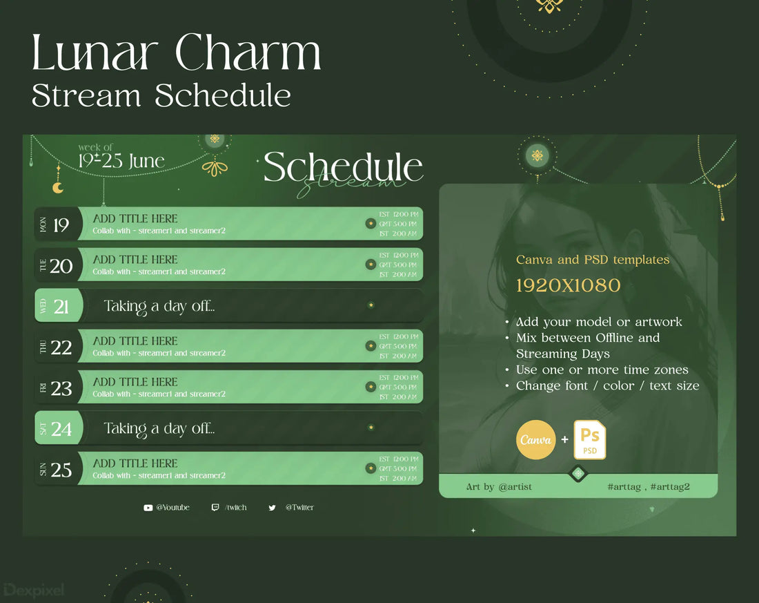 Stream schedule template with a mystical lunar charm theme in green tones.