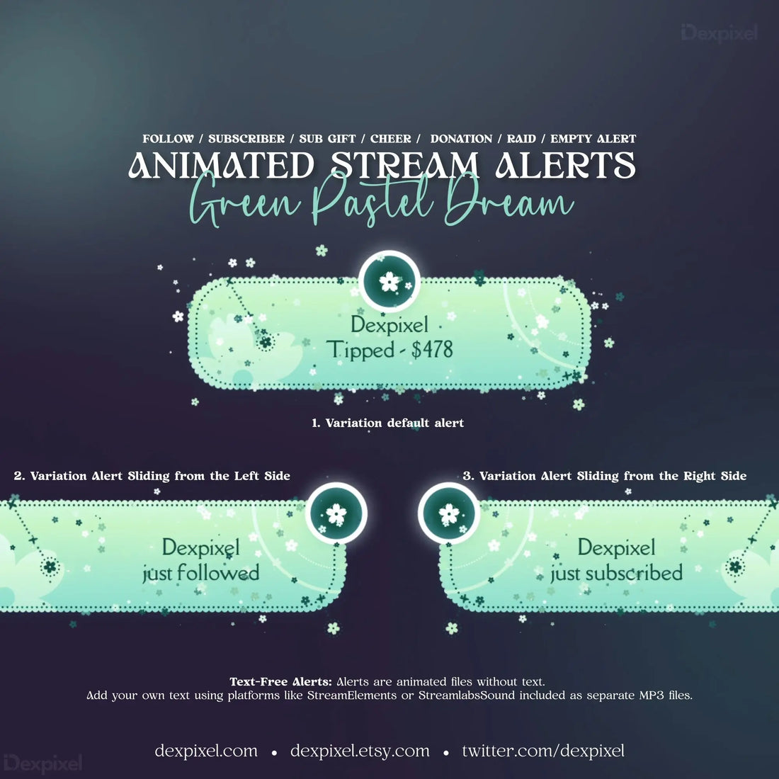 Mint green pastel stream alert notification bars featuring subtle sparkle effects