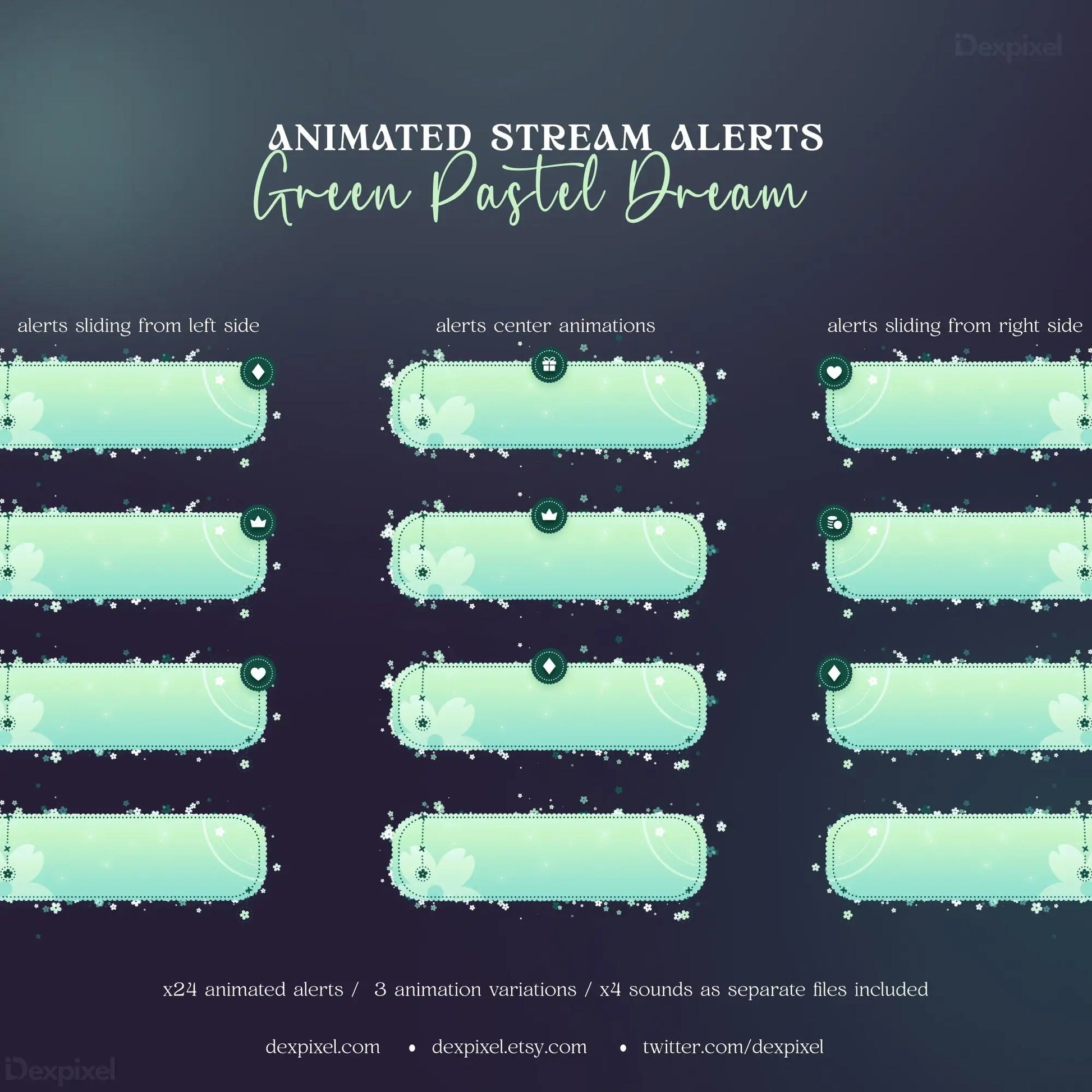 Set of animated stream alerts in mint green pastel colors from Green Pastel Dream