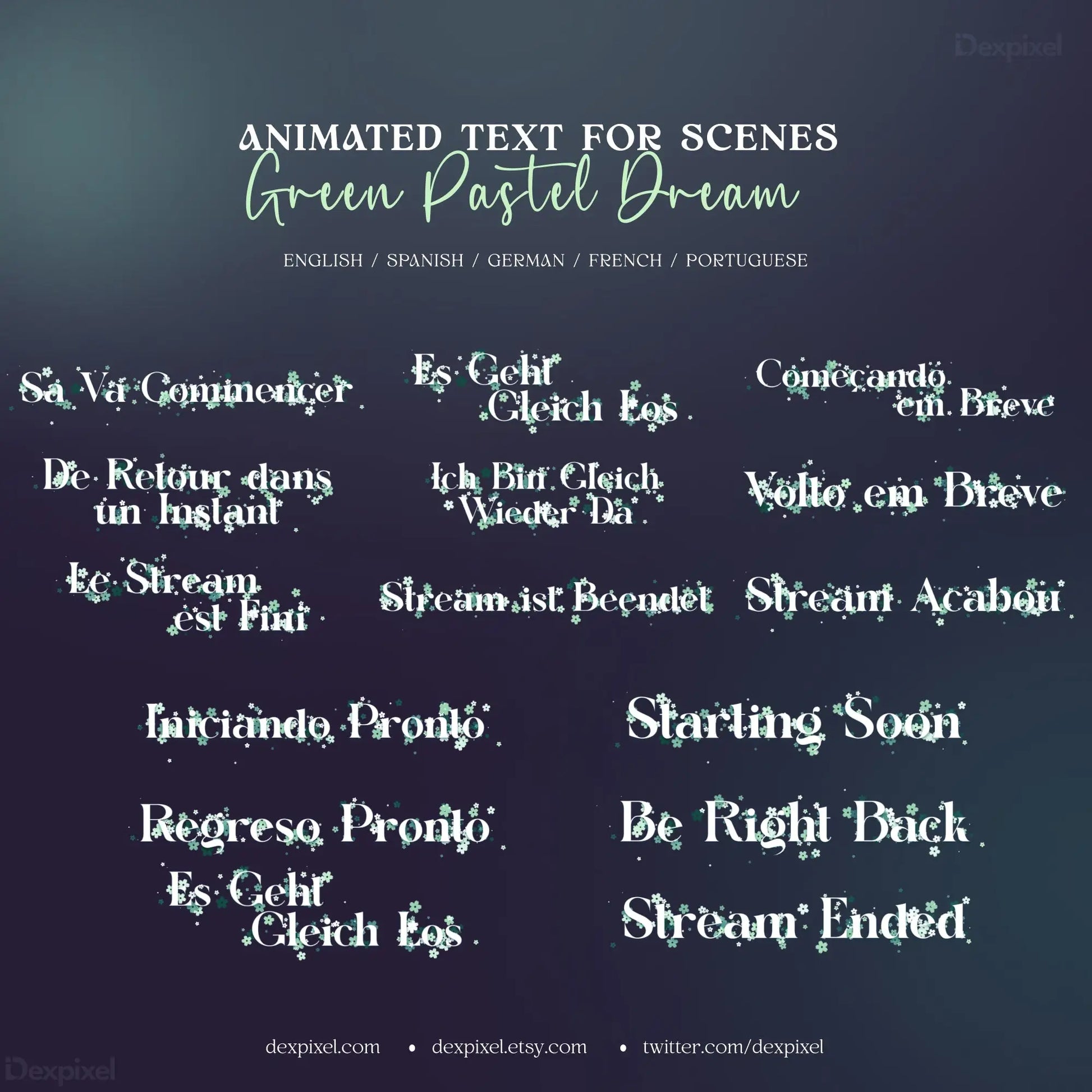 Collection of animated text phrases in multiple languages from the Green Pastel Dream Celestial Stream Pack