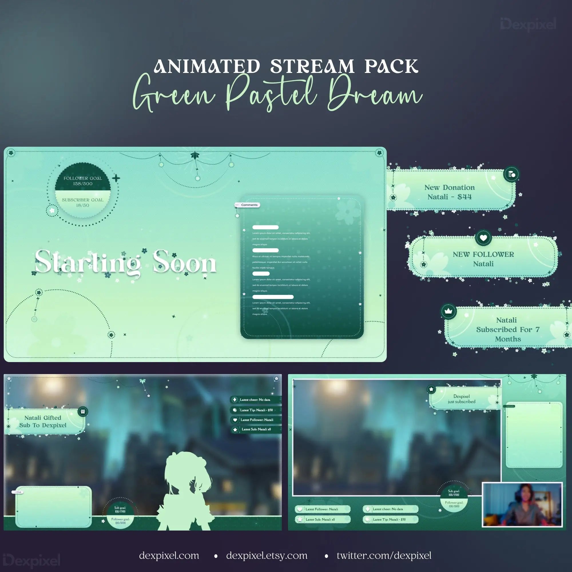 Green Dream Animated Stream Pack | Pastel Celestial Aesthetic | Dexpixel