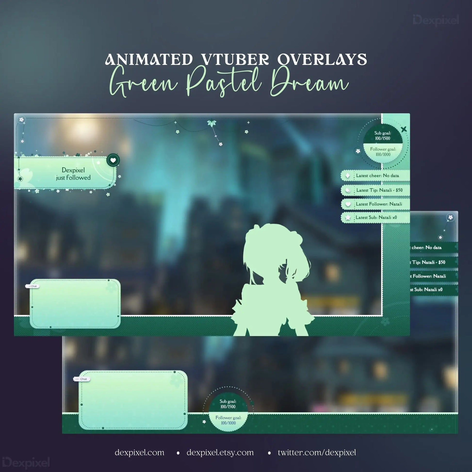 Animated VTuber stream overlay template in mint green pastel from Green Pastel Dream Celestial Stream Pack