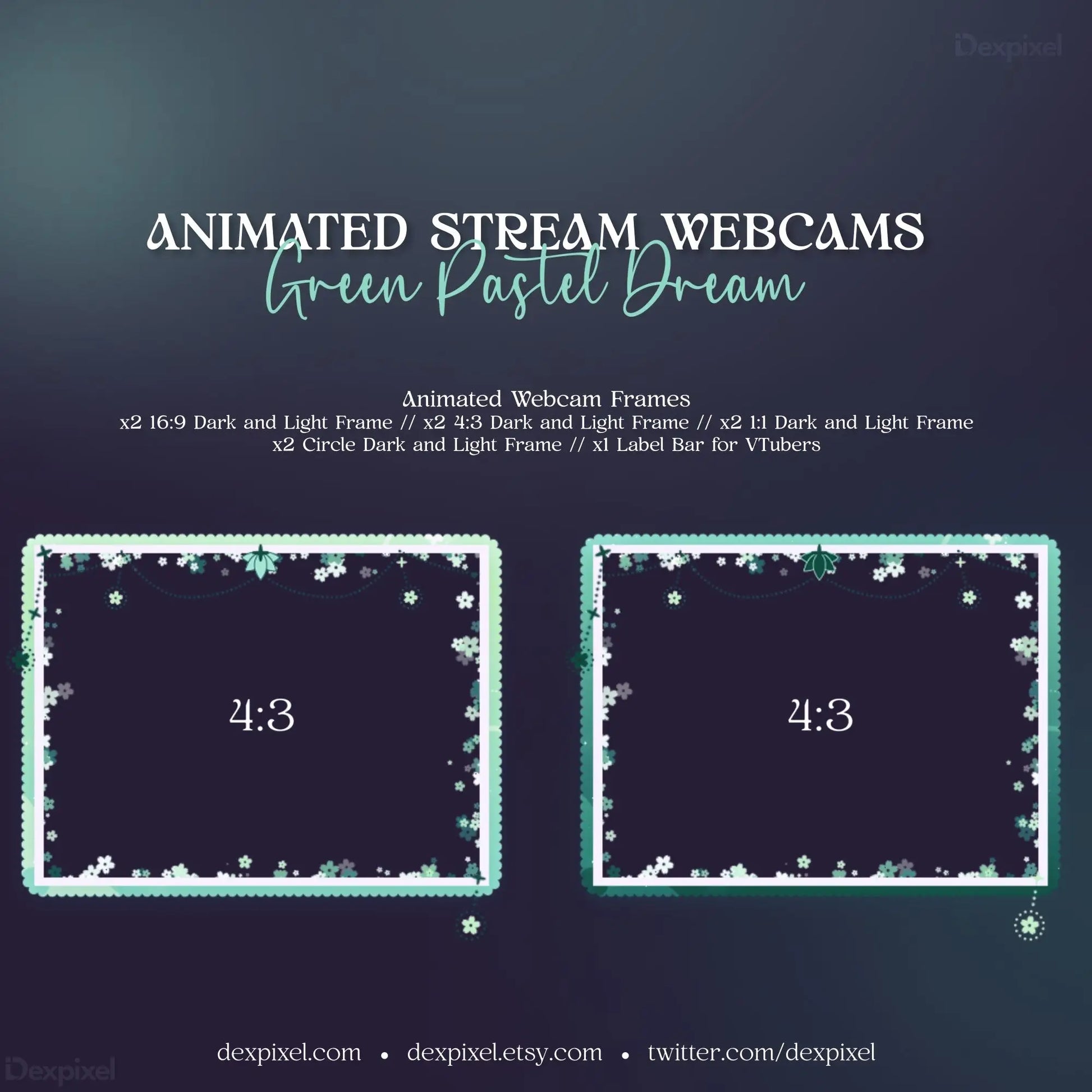 Animated floral celestial webcam overlay frames with green pastel dream stars and borders