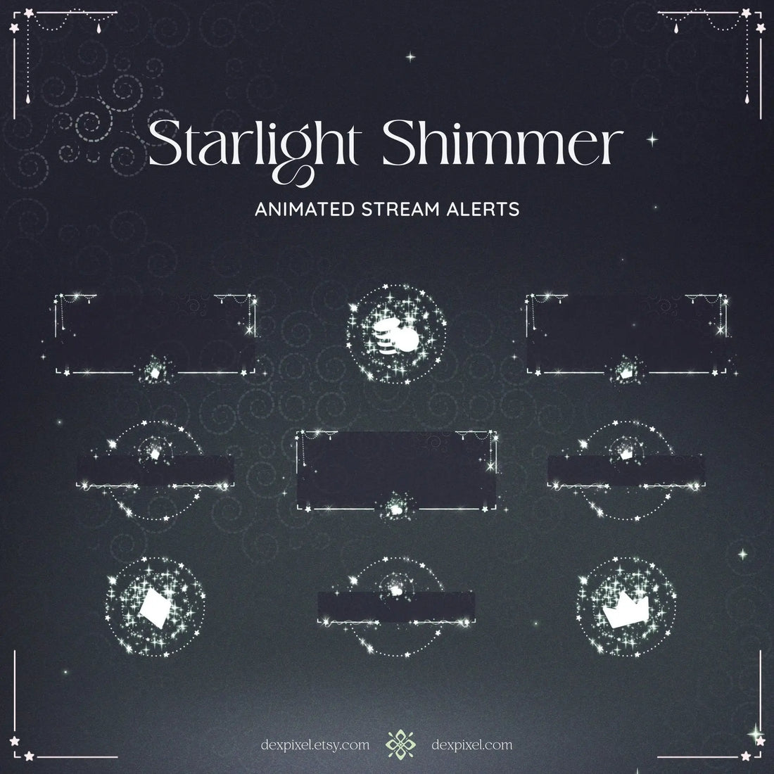 Collection of green shimmer starlight animated stream alert frames with celestial designs