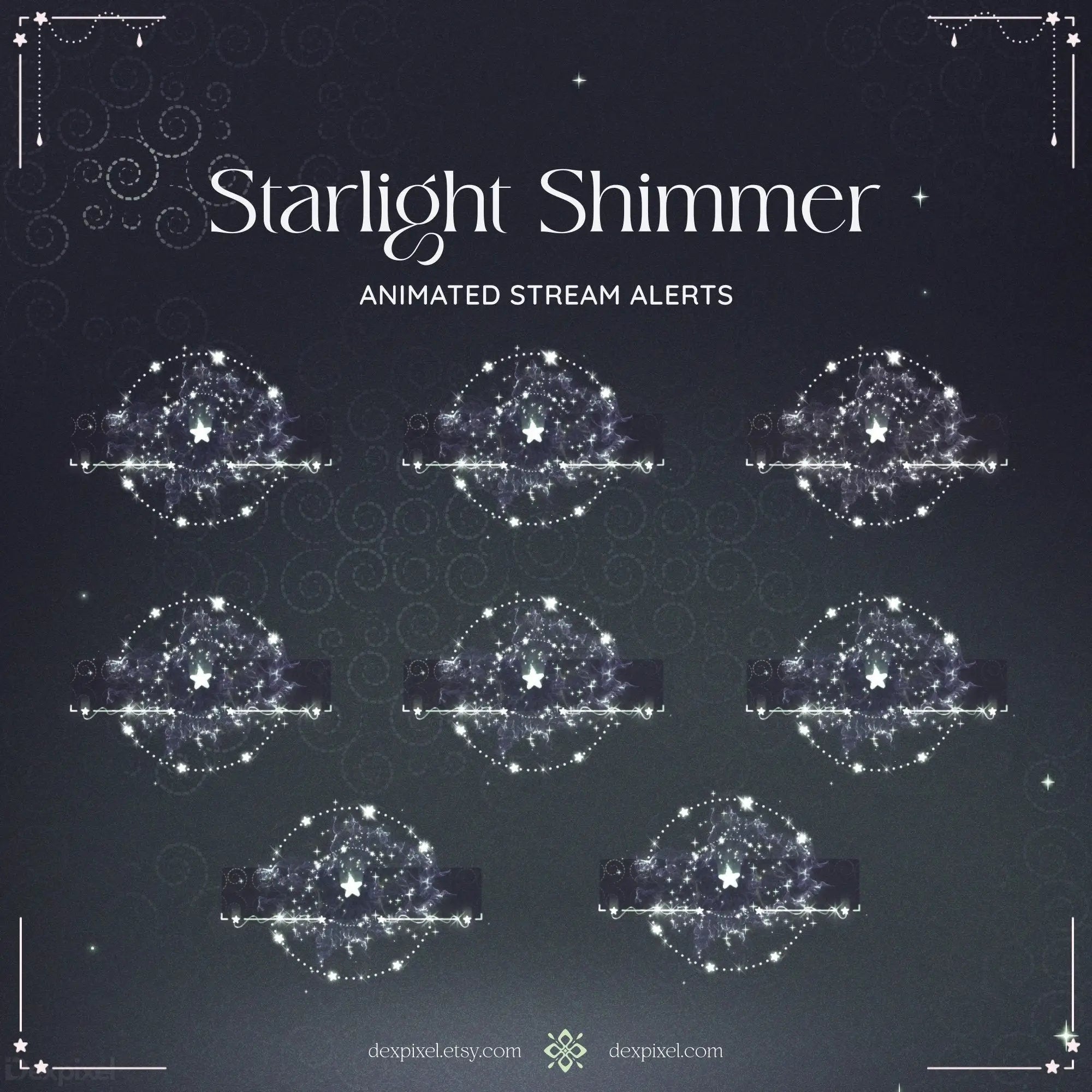 Animated stream alert designs with green shimmer starlight and celestial star patterns