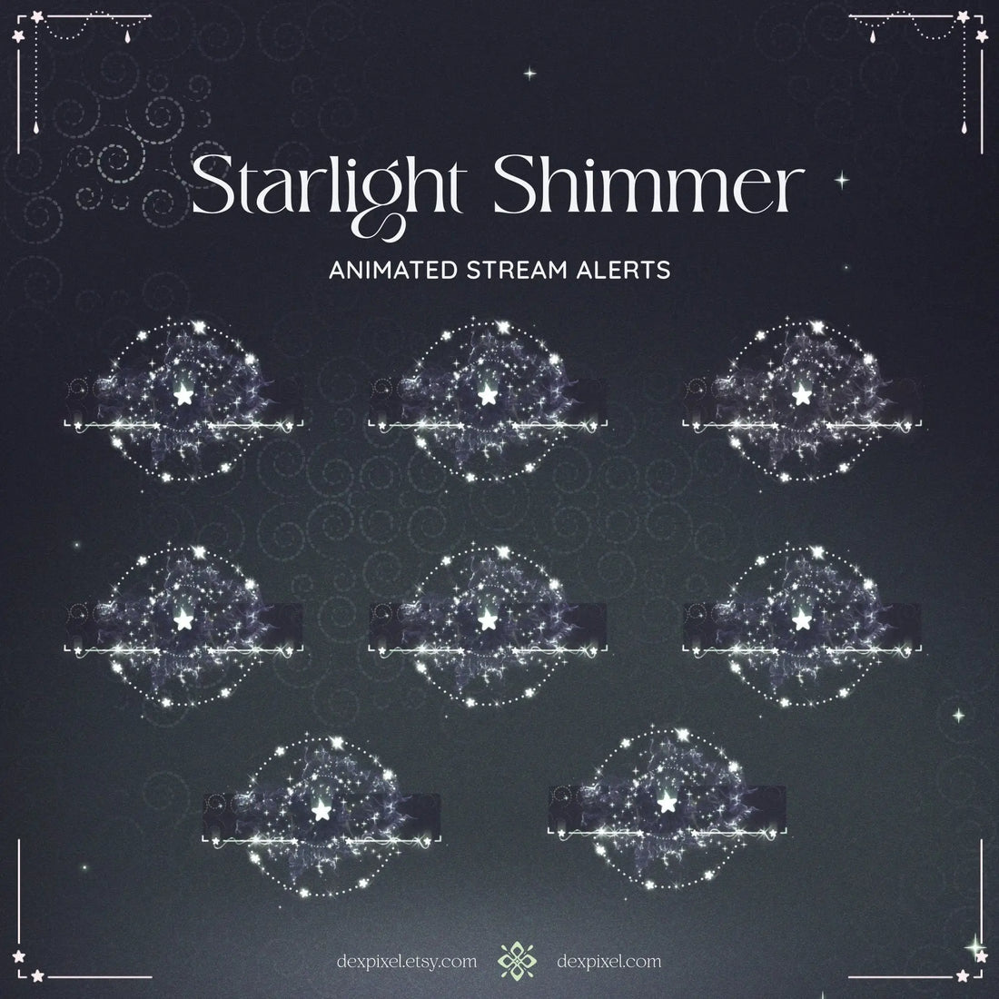 Collection of green shimmer starlight animated stream alert frames with celestial designs