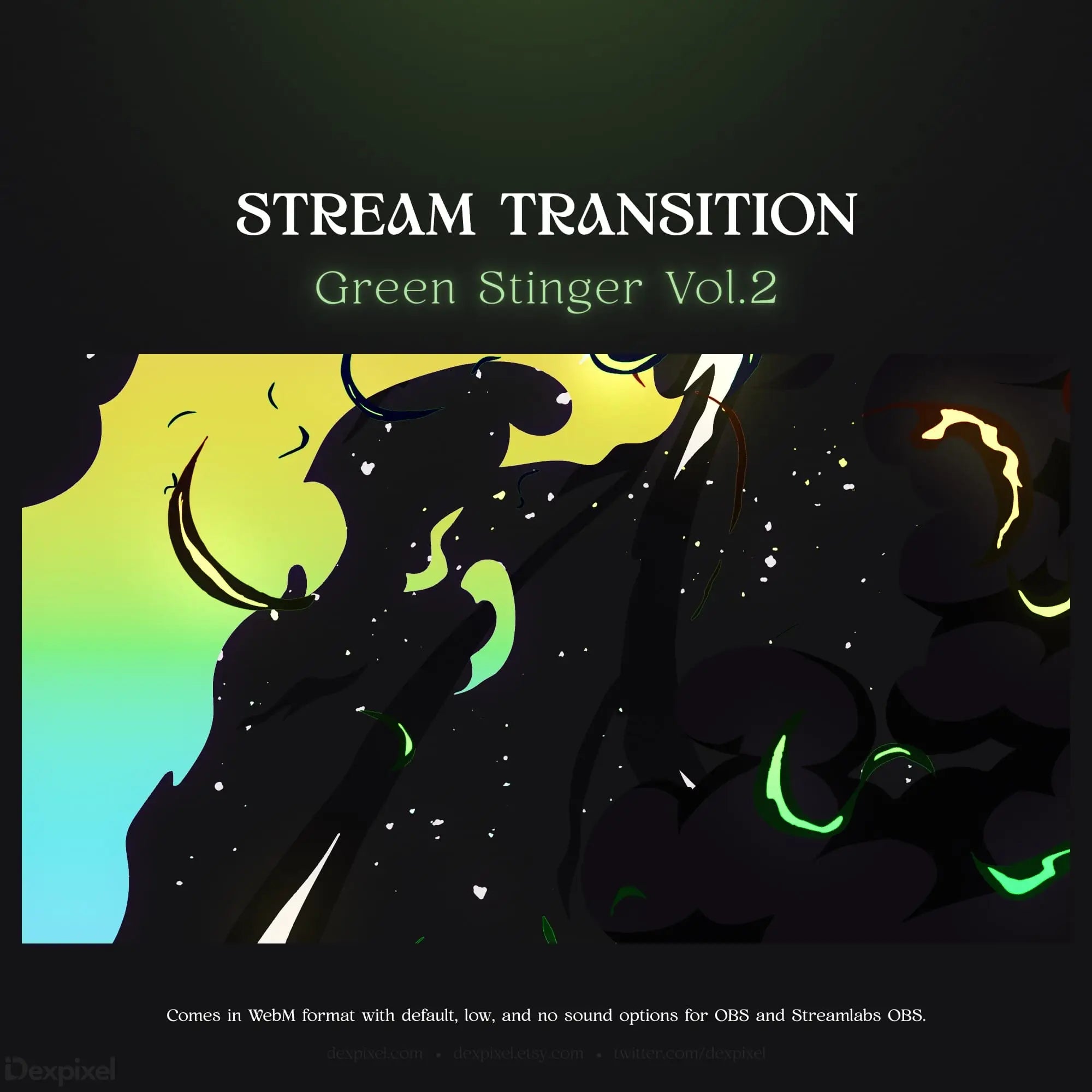 Animated stream transition with green and yellow accents.