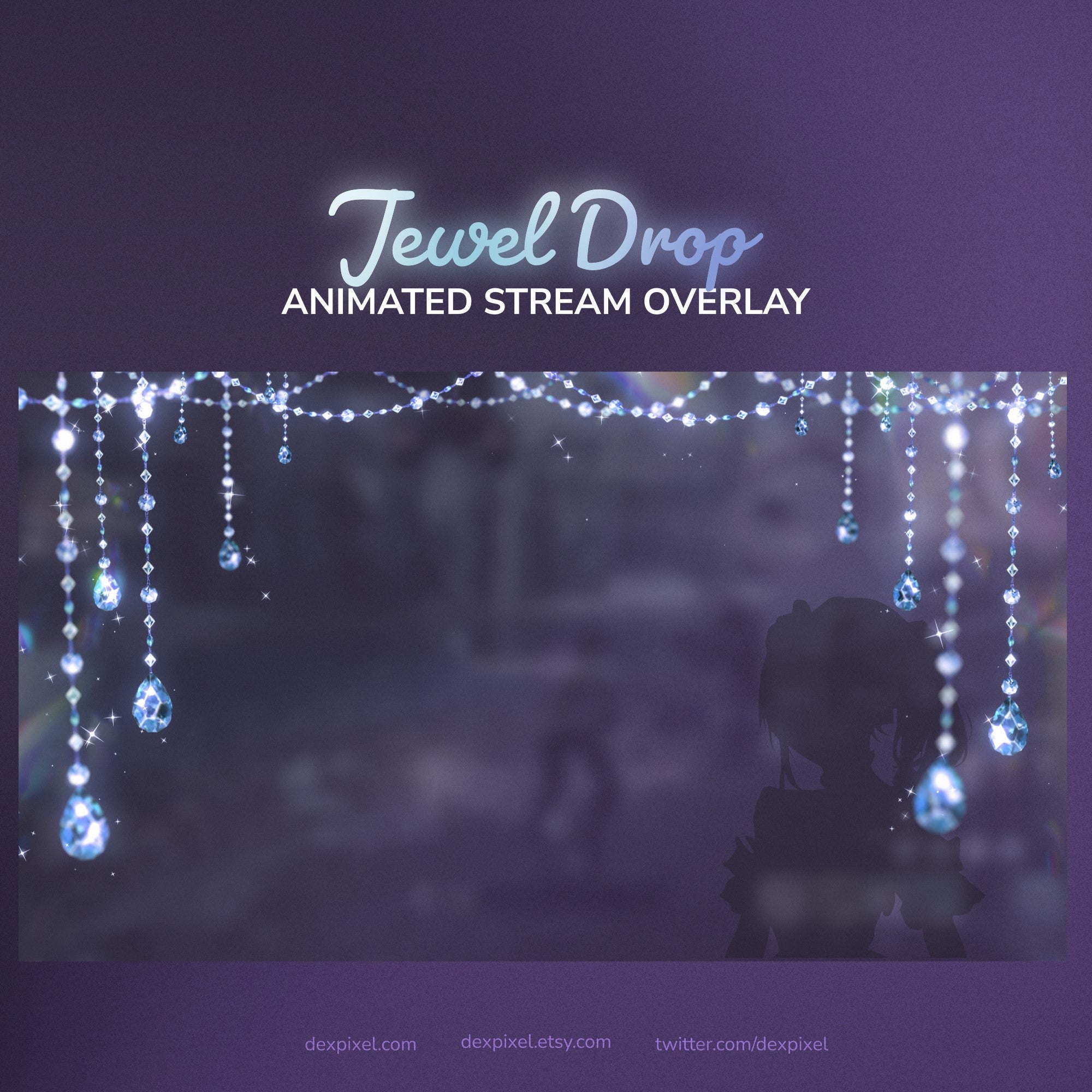 Jewel drop stream overlay with sparkling blue and white gemstones, clear crystal-like material, hanging design.