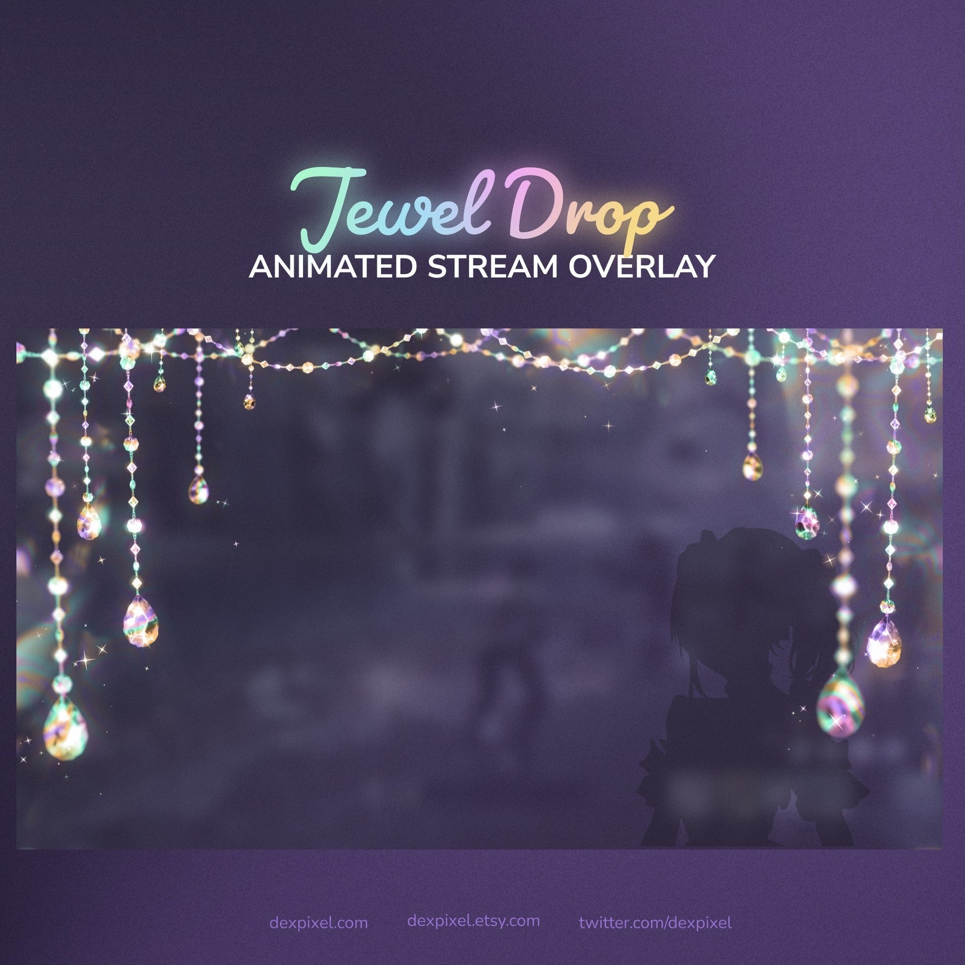 Jewel drop overlay with shimmering crystals and iridescent hues, designed for streaming.