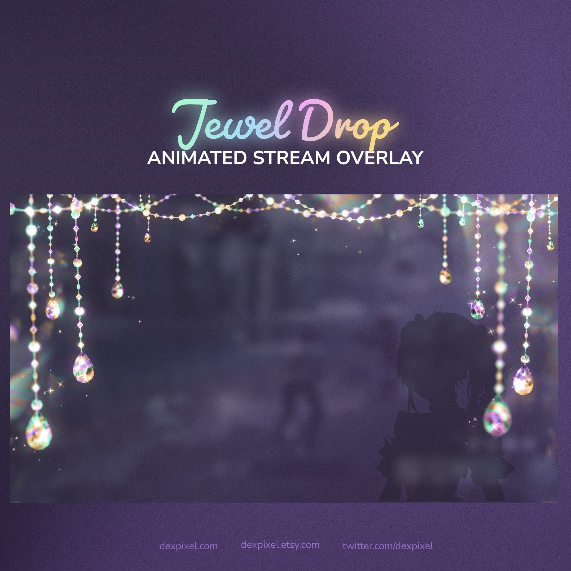 Jewel drop overlay with shimmering crystals and iridescent hues, designed for streaming.