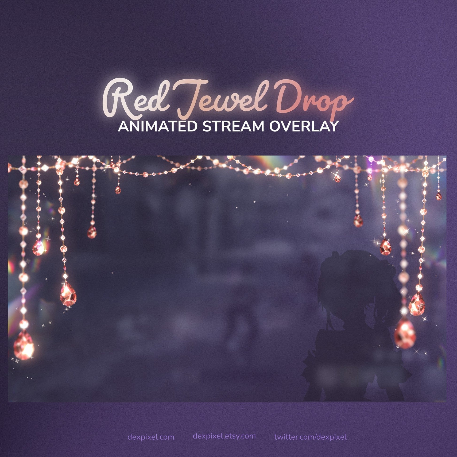 Red jewel drop overlay design with hanging gemstones and glittering effects.