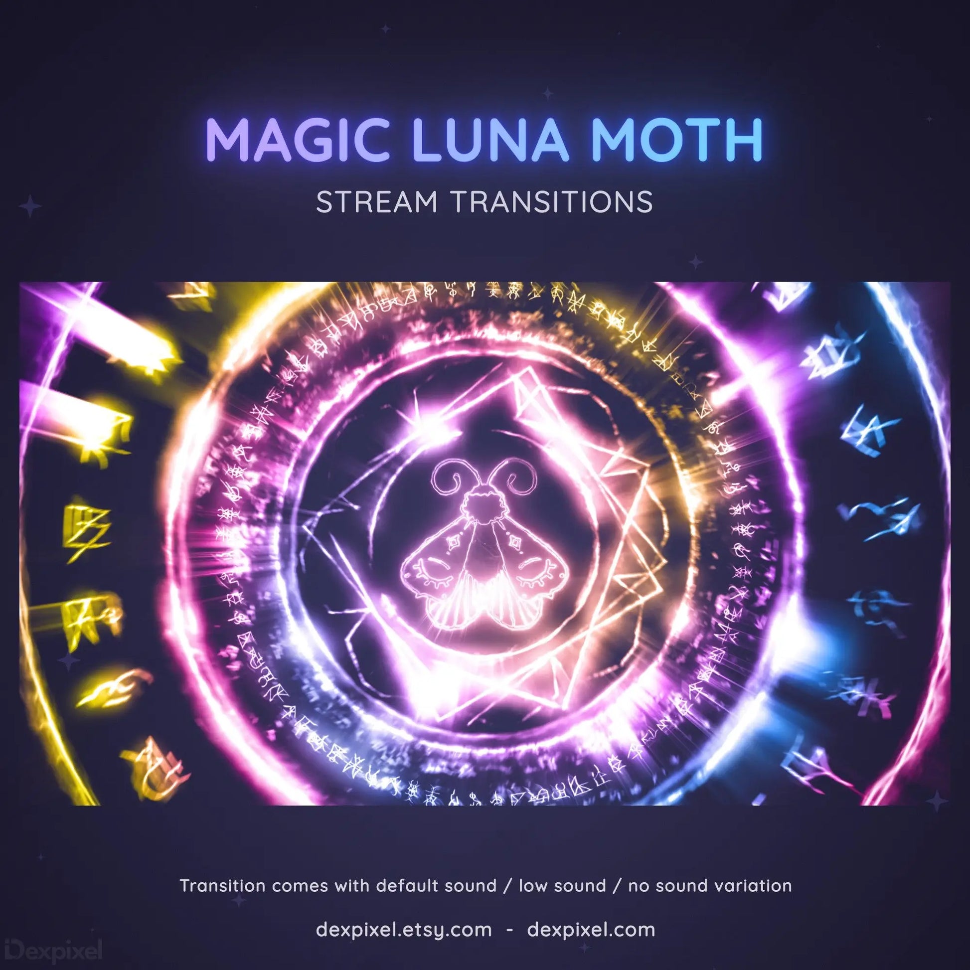 Glowing neon moth design surrounded by magical circular patterns and sparkles.