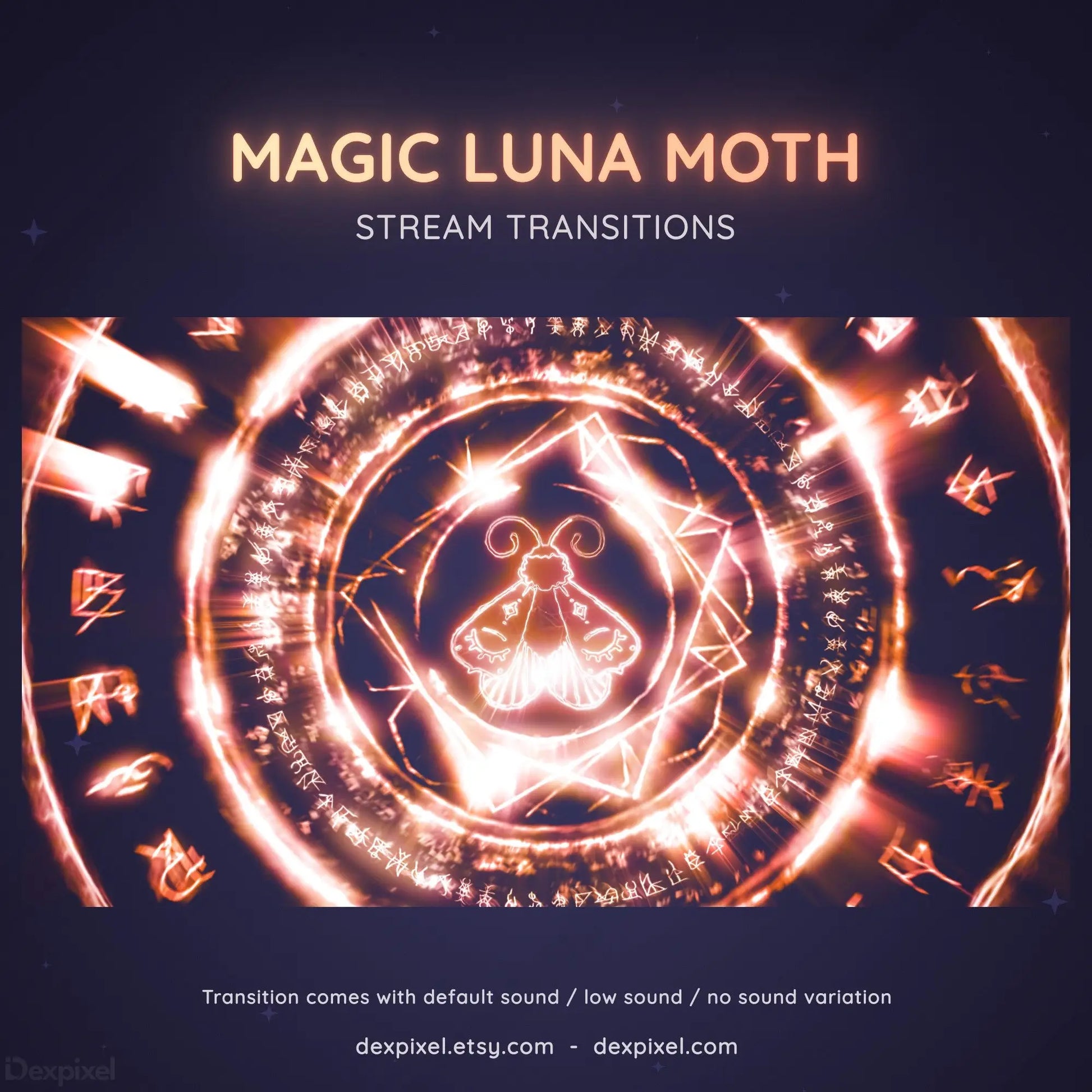 Glowing orange circular design featuring a stylized moth symbol surrounded by magical runes and geometric patterns.