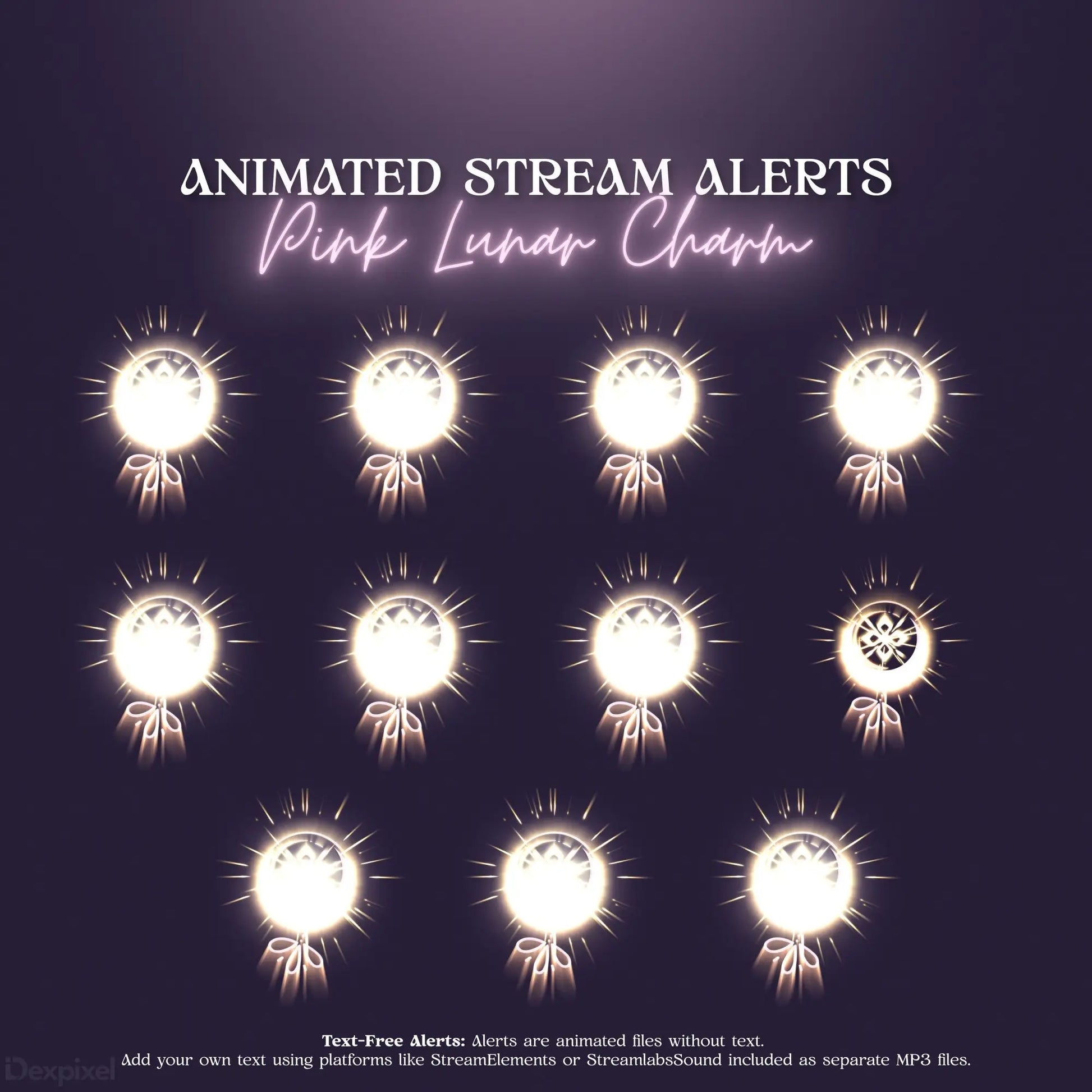 Collection of glowing moon-themed stream alert animations arranged in a grid pattern.