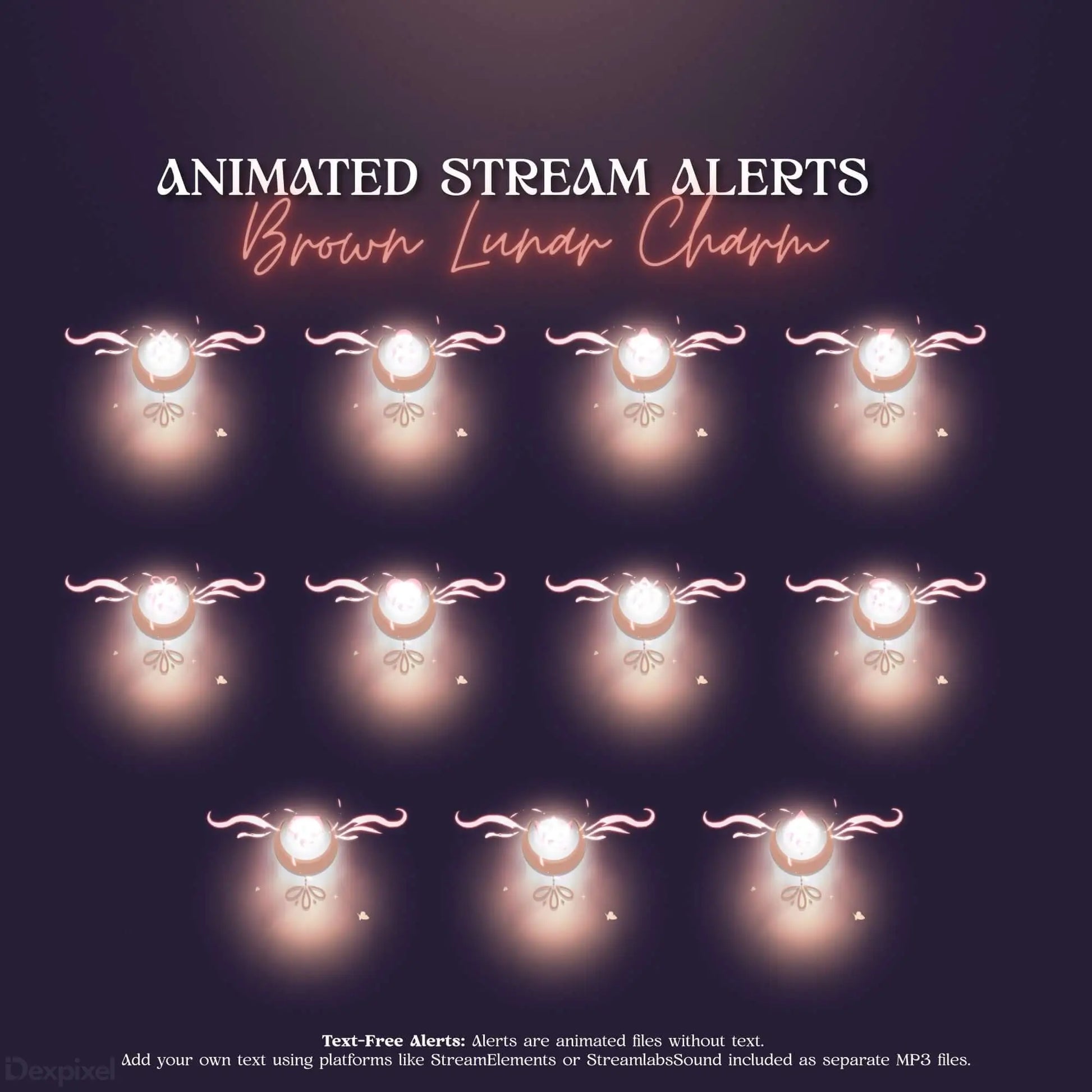 Glowing brown lunar charm stream alert animations arranged in rows.