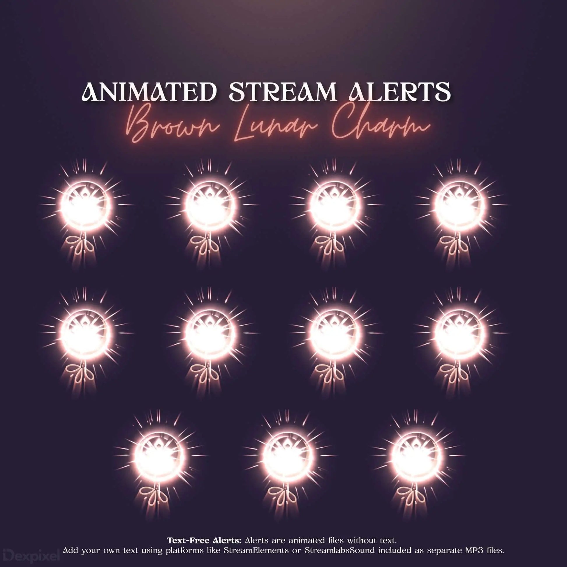 Pink glowing sun-like stream alert animations arranged in rows.