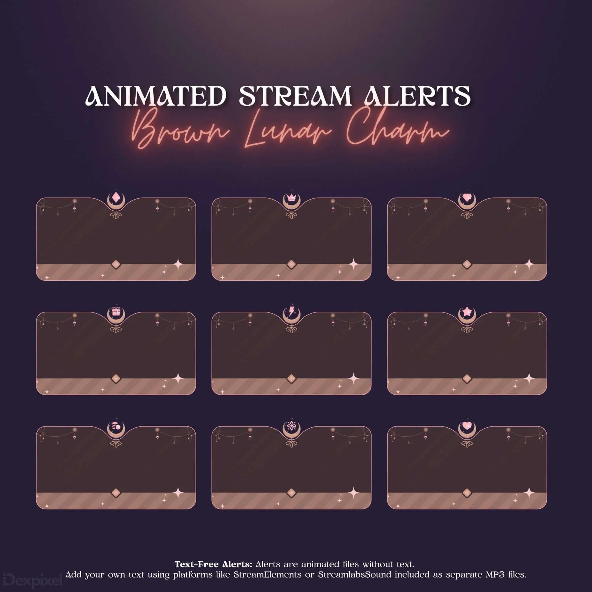 Set of 9 brown and transparent stream alert overlay templates arranged in a 3x3 grid.