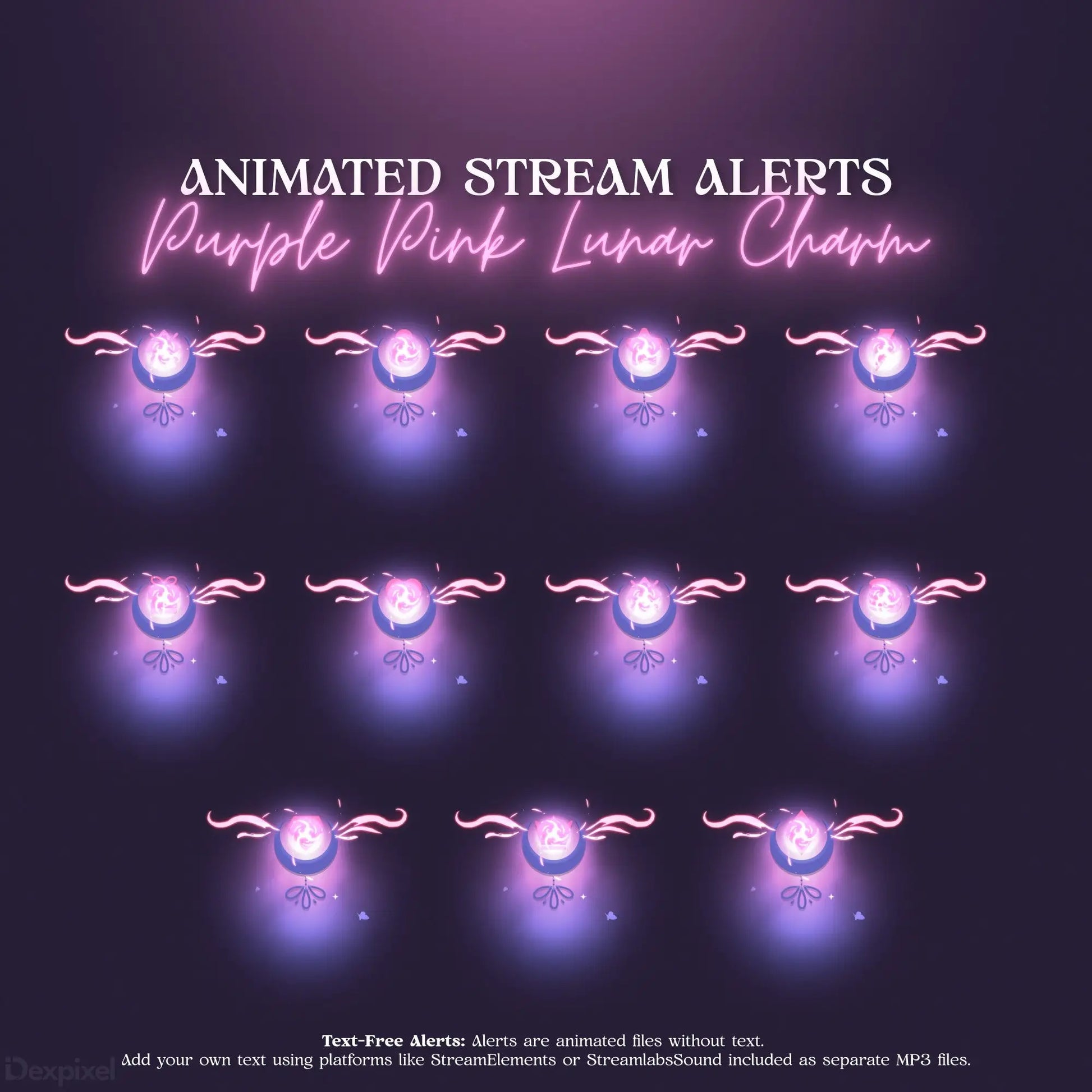 Glowing purple and pink animated stream alert charms with mystical swirls and sparkles.