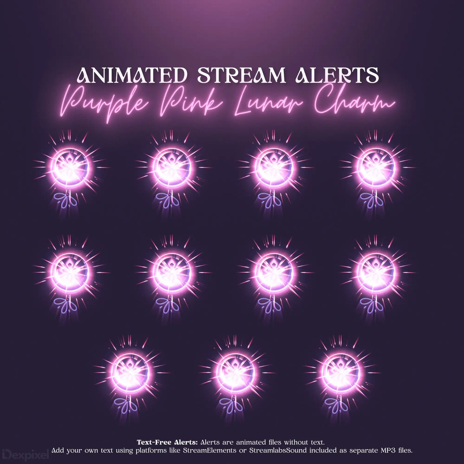 Glowing pink and purple animated stream alert icons with a lunar charm design.