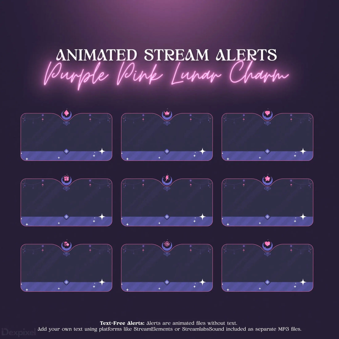 Purple and pink neon-styled Twitch stream alert notifications with crown motifs.