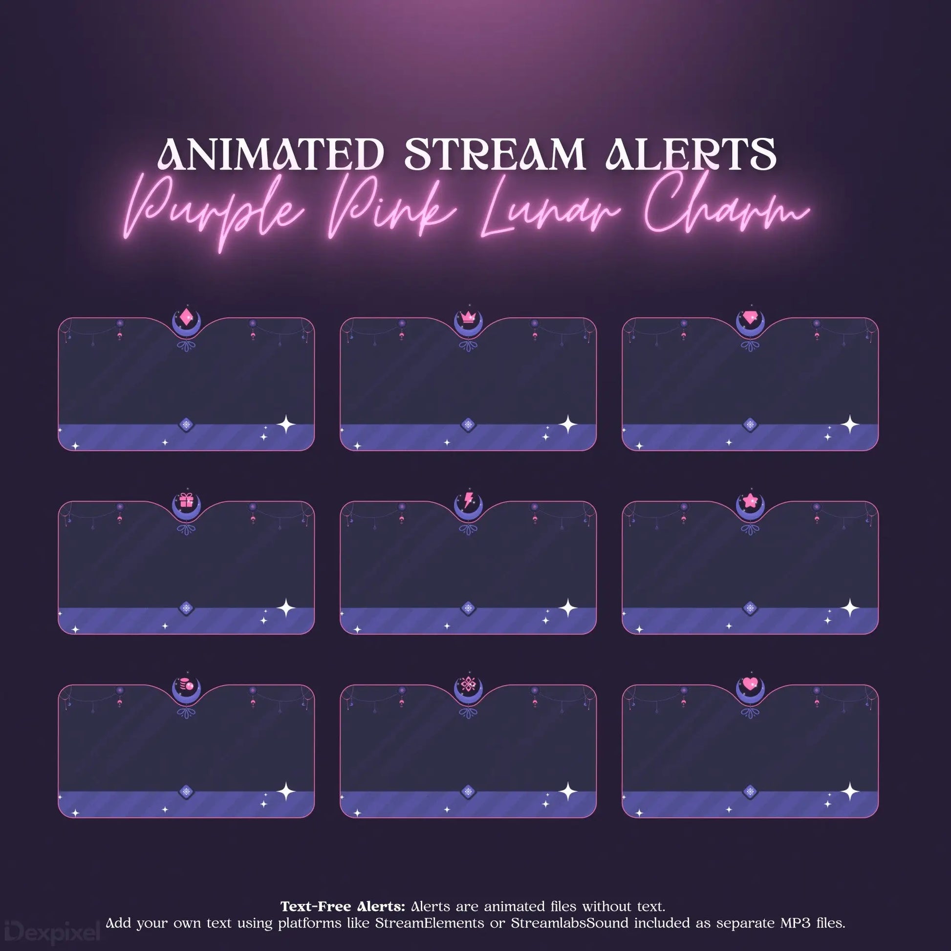 Set of animated stream alert frames with a purple-pink lunar charm theme.