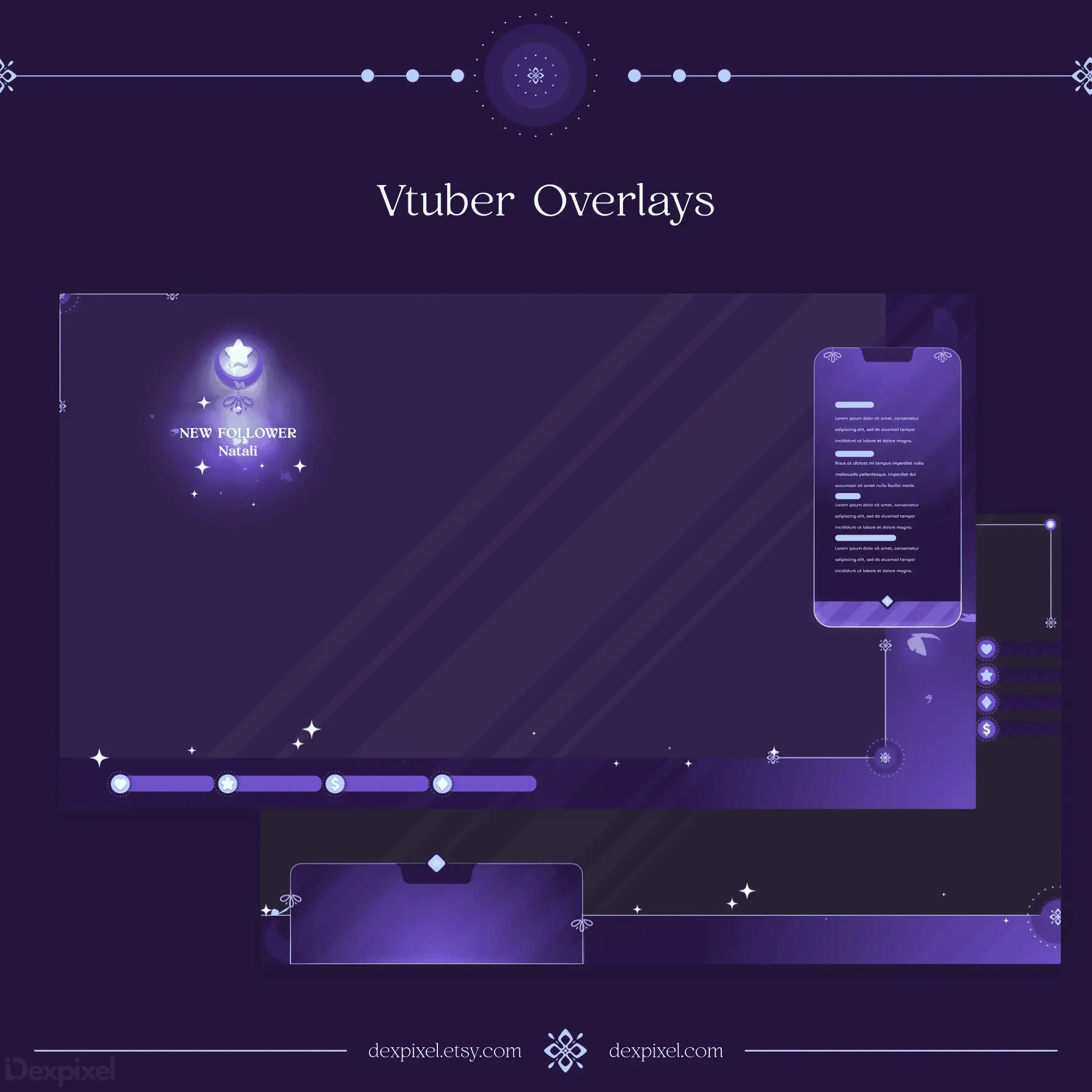 Purple and blue streaming overlay template with glowing elements and interface panels.