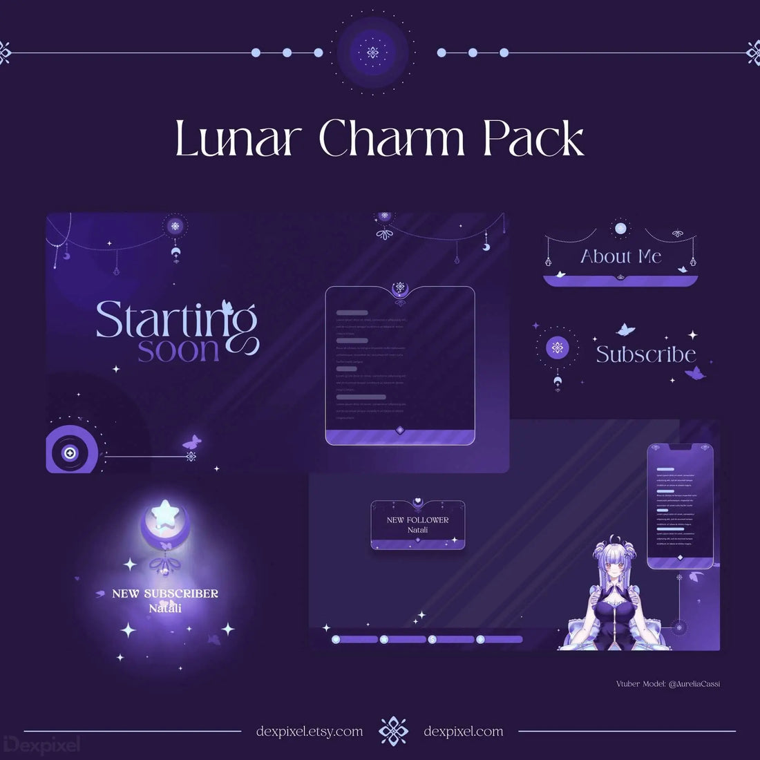 Lunar-themed Twitch stream overlay pack with purple and starry design elements.