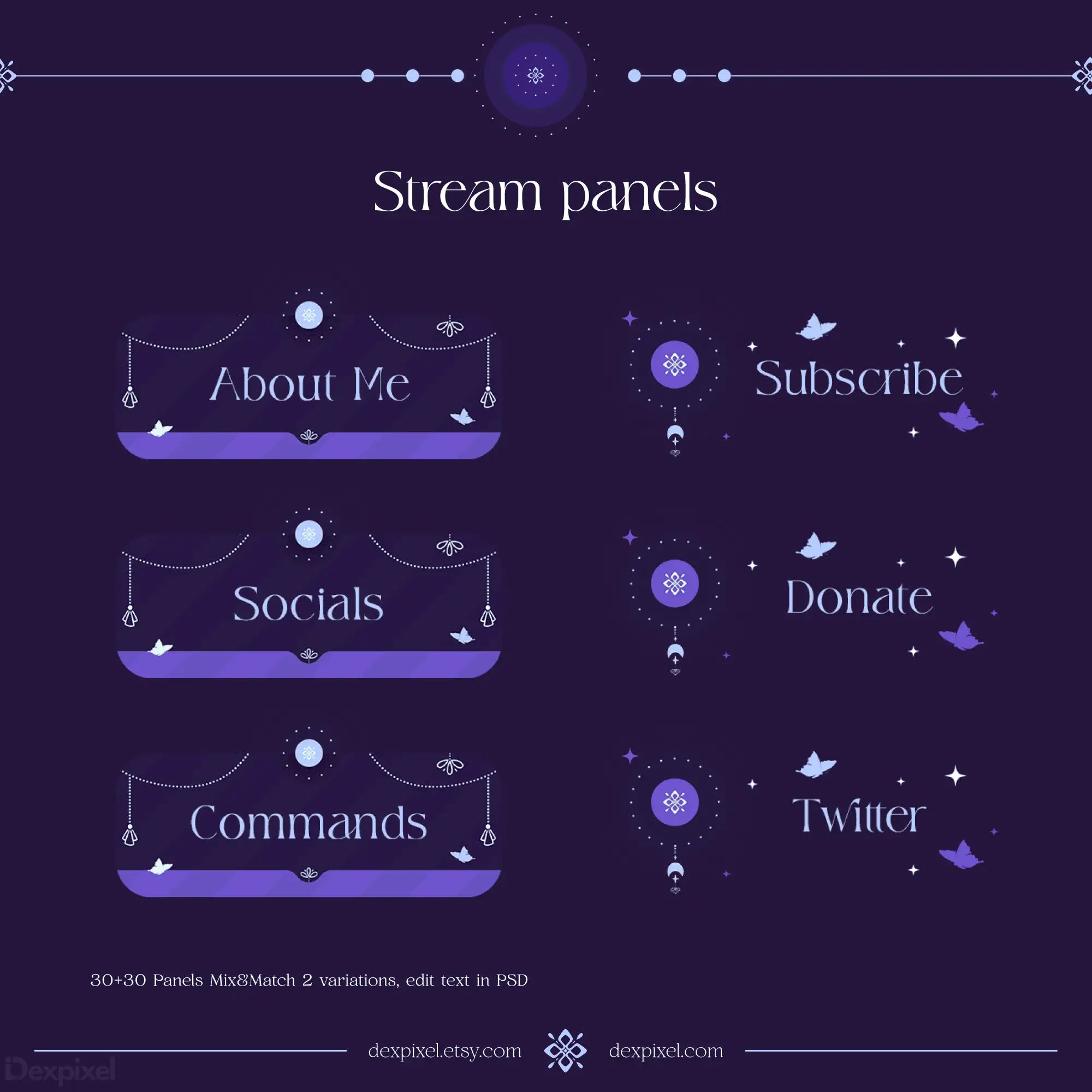 Set of mystical purple streaming panels with celestial decorative elements and button designs.