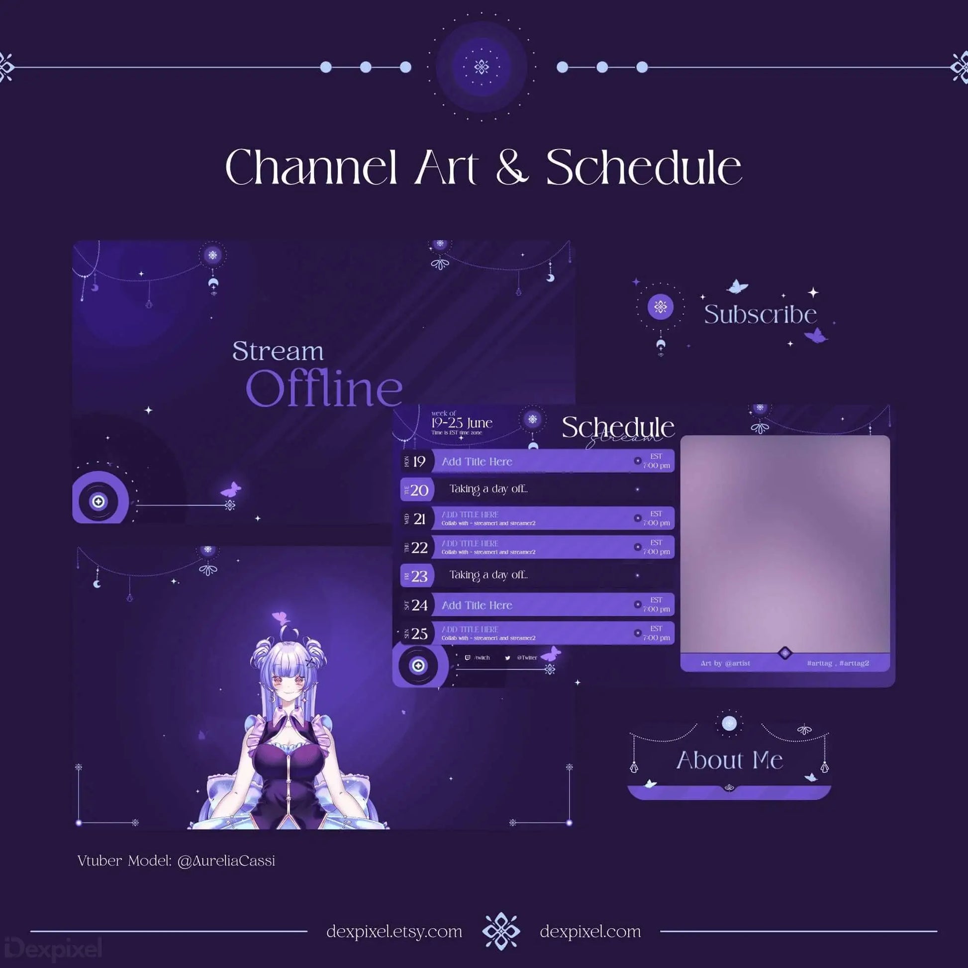 A purple-themed streaming channel layout with an anime character design and schedule interface.