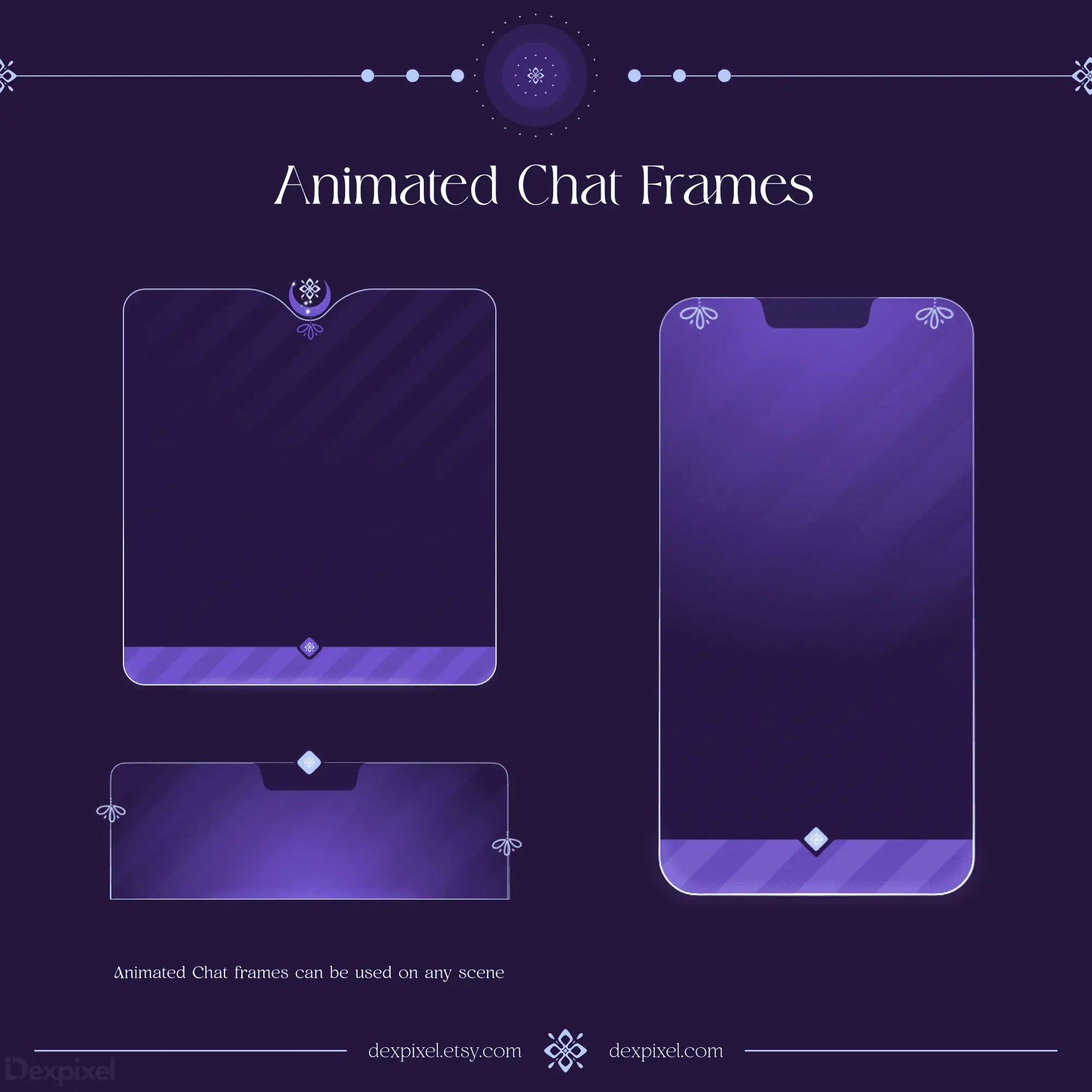 Purple-tinted chat frame templates with decorative corner elements and glowing accents.