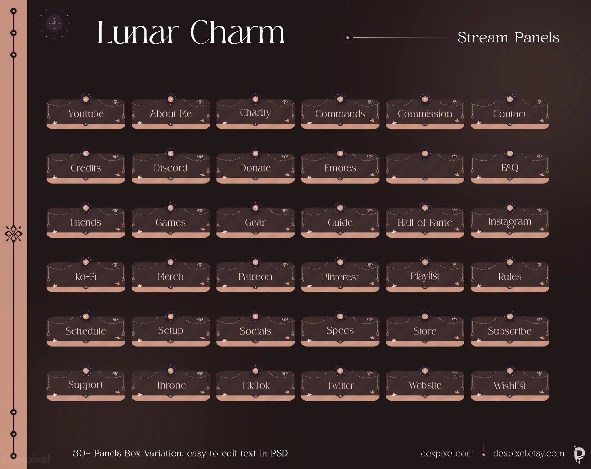 Stream panels collection in a dark rose gold/copper theme titled ’Lunar Charm’