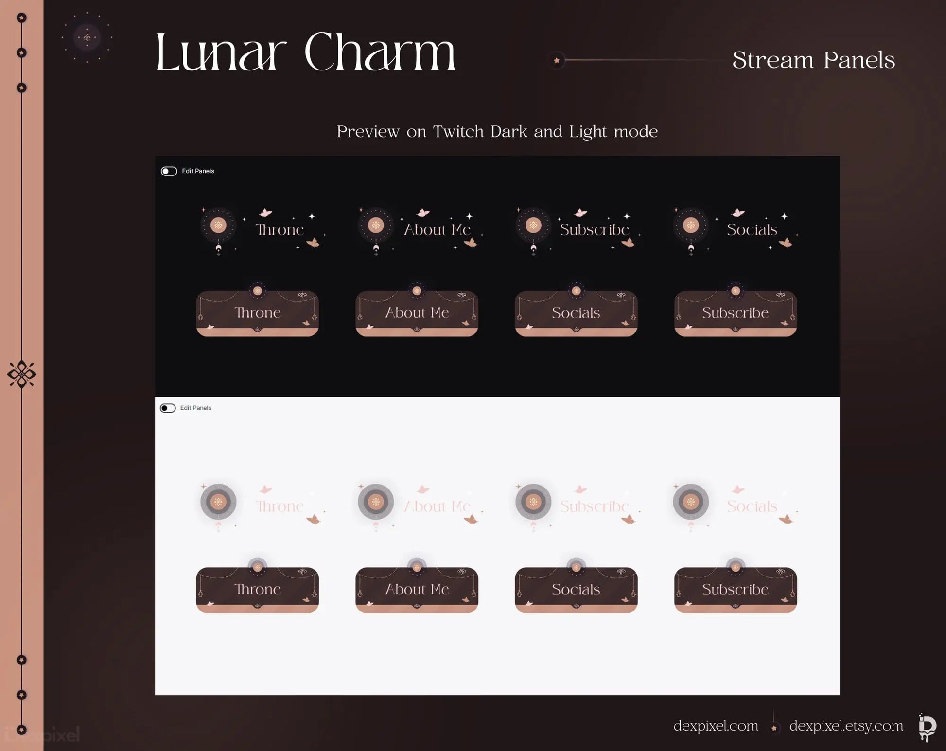 Stream panels design template in dark and light modes with a lunar/celestial theme.