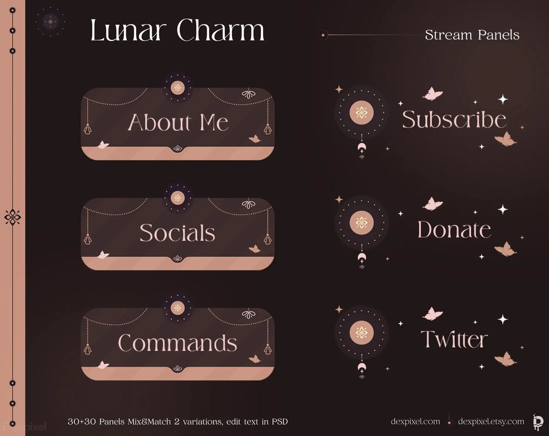 Set of dark lunar-themed Twitch stream panels with rose gold accents and celestial decorations.