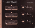 Set of dark celestial-themed Twitch stream panels with rose gold accents and lunar motifs.