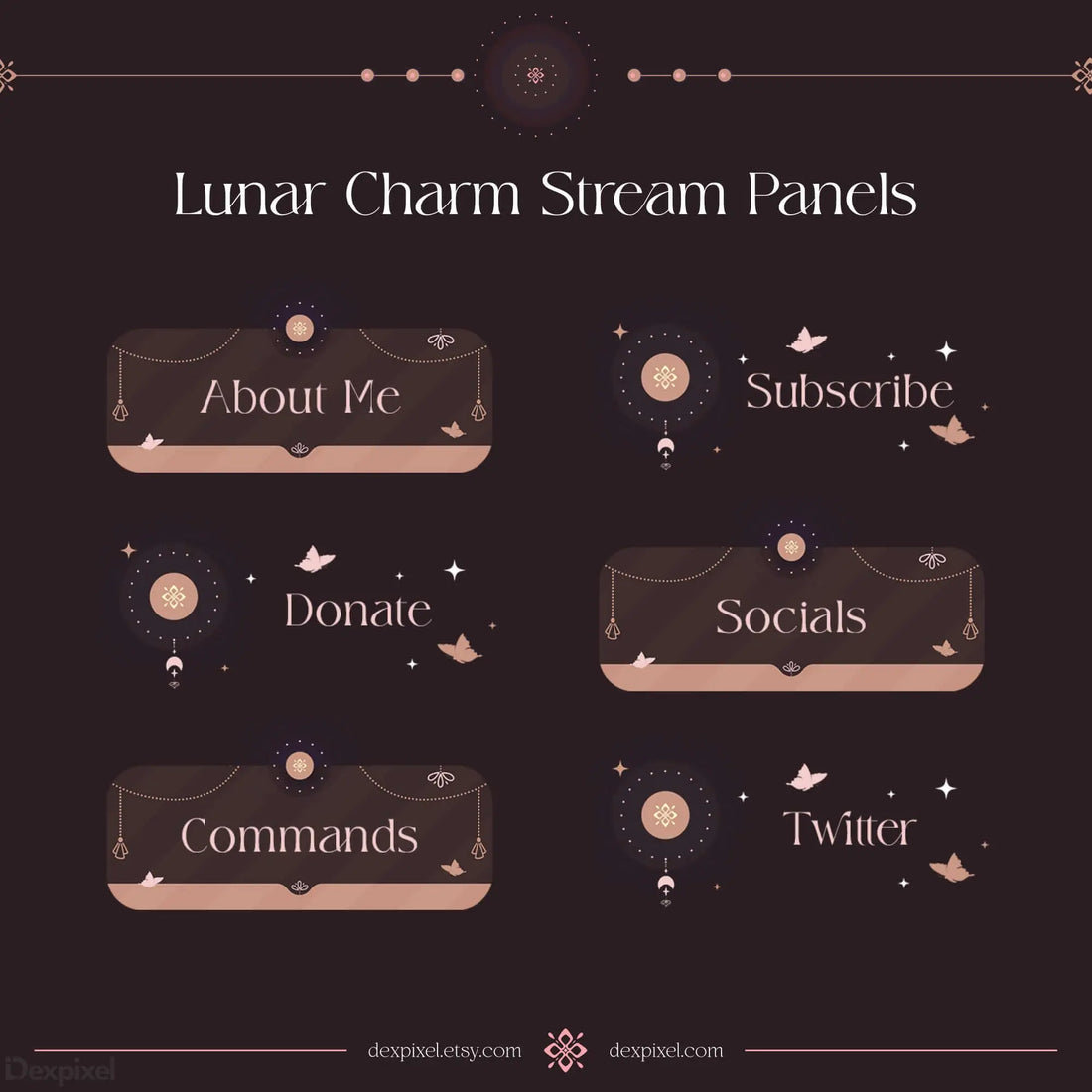 Set of dark lunar-themed Twitch stream panels with rose gold accents and celestial decorations.