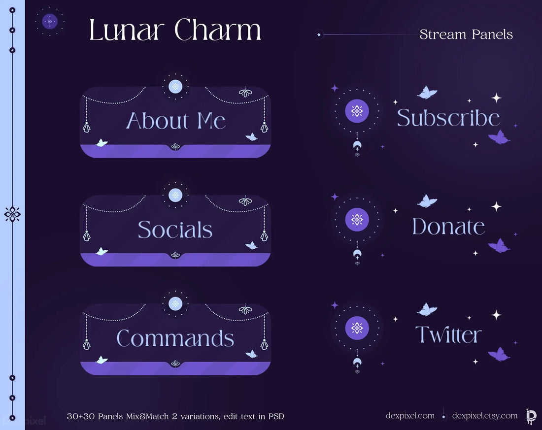 Set of mystical purple and blue Twitch stream panels with celestial decorative elements.