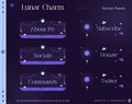 Stream panels with a mystical lunar theme featuring purple buttons and celestial decorations.