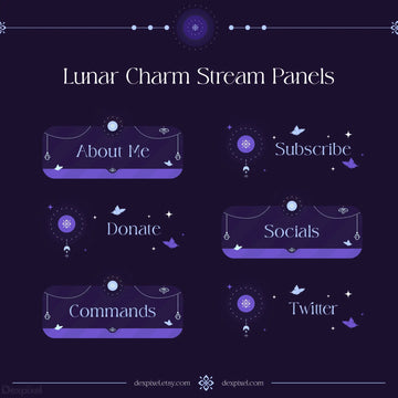 Set of mystical purple and blue Twitch stream panels with celestial decorative elements.