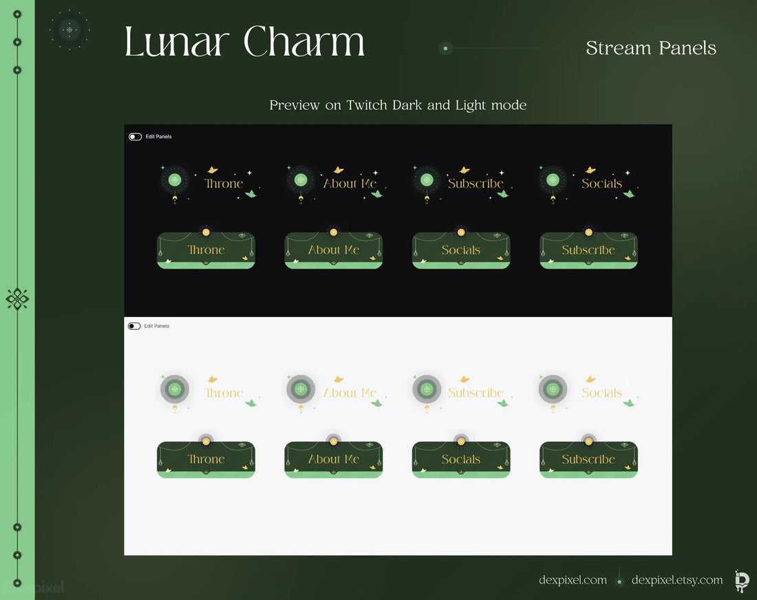 Set of decorative stream panels featuring lunar and celestial designs in green and gold tones.