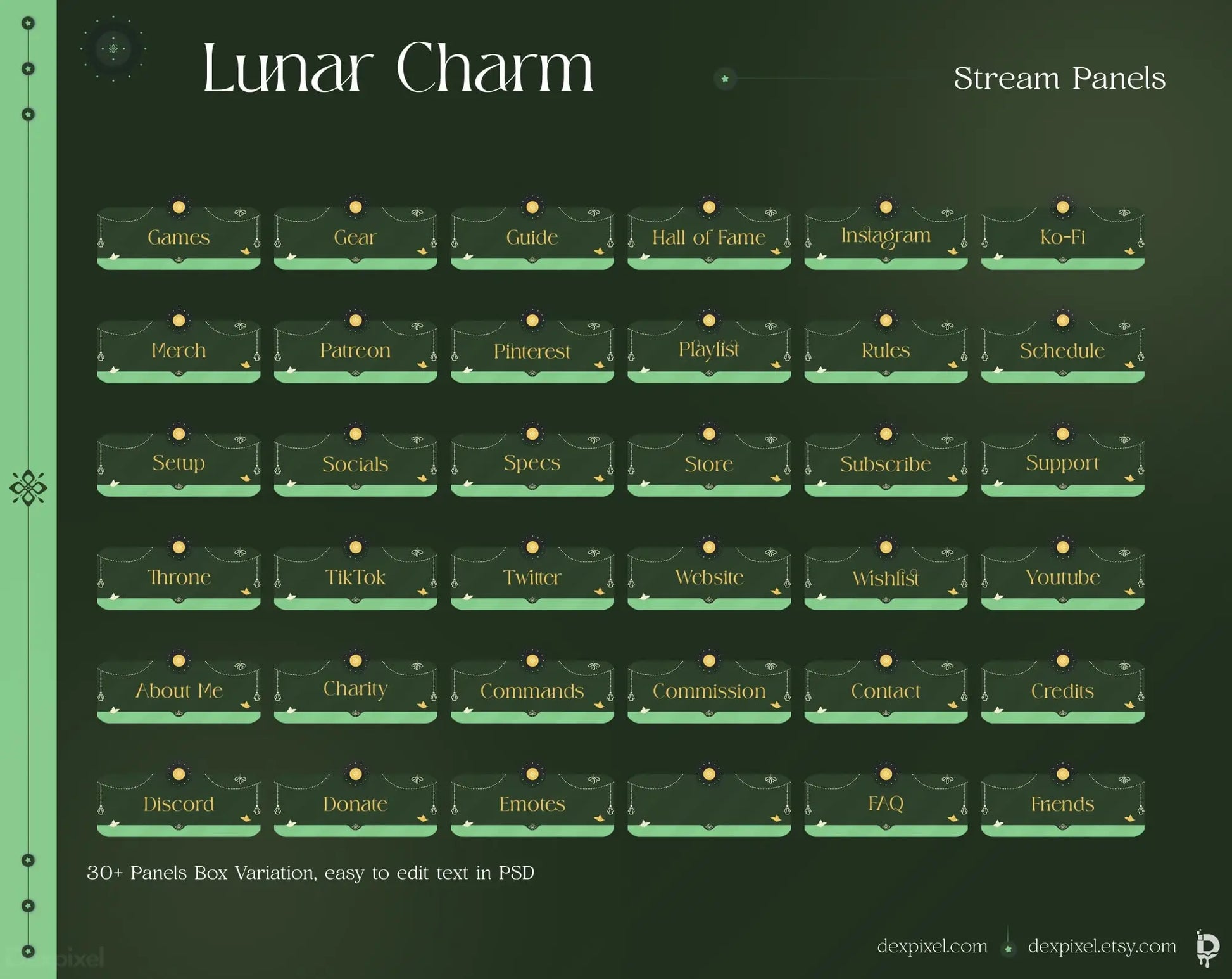 Stream panels interface with a dark green color scheme titled ’Lunar Charm’