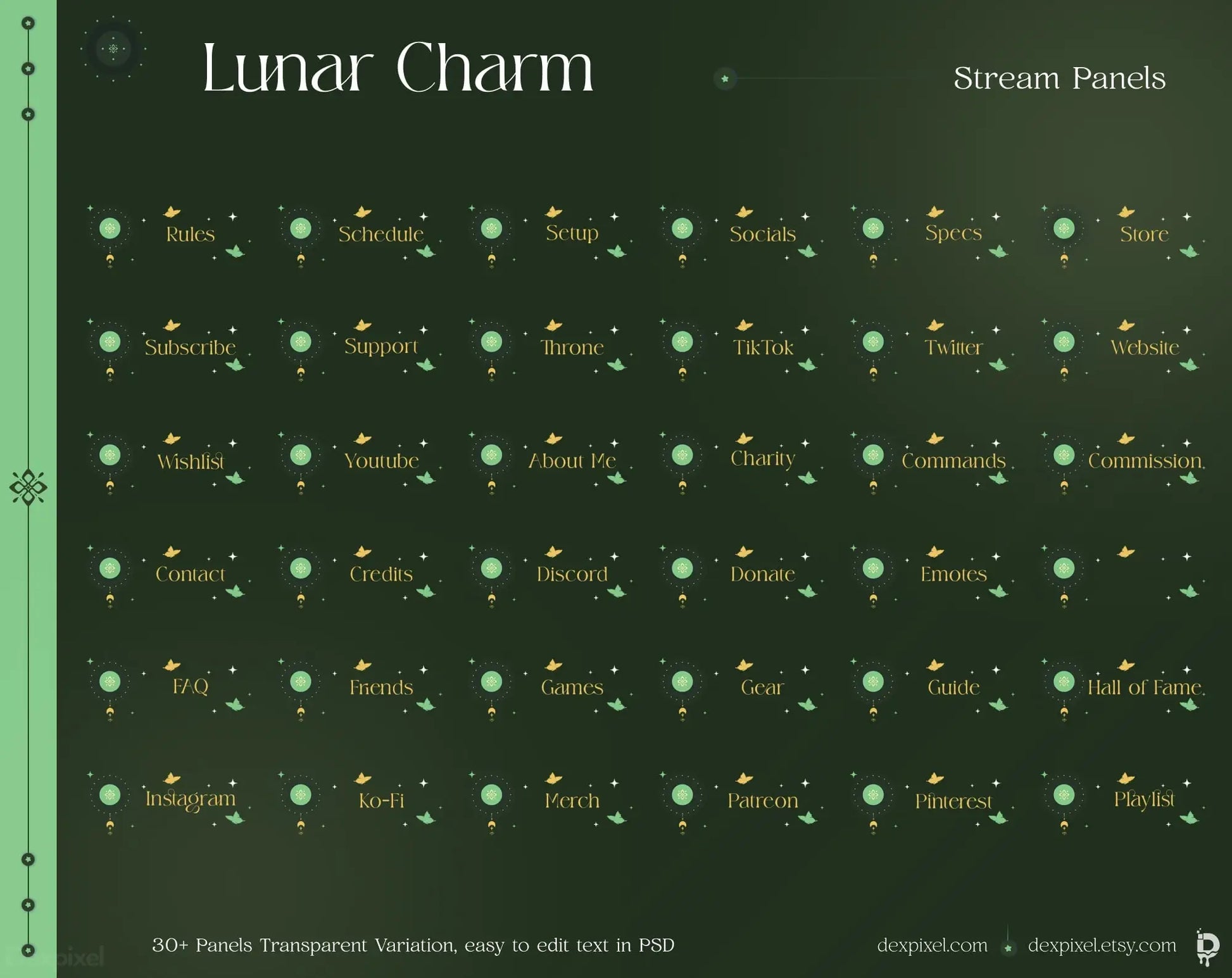 Stream panels interface titled ’Lunar Charm’ with glowing dots and text arranged in a grid pattern.