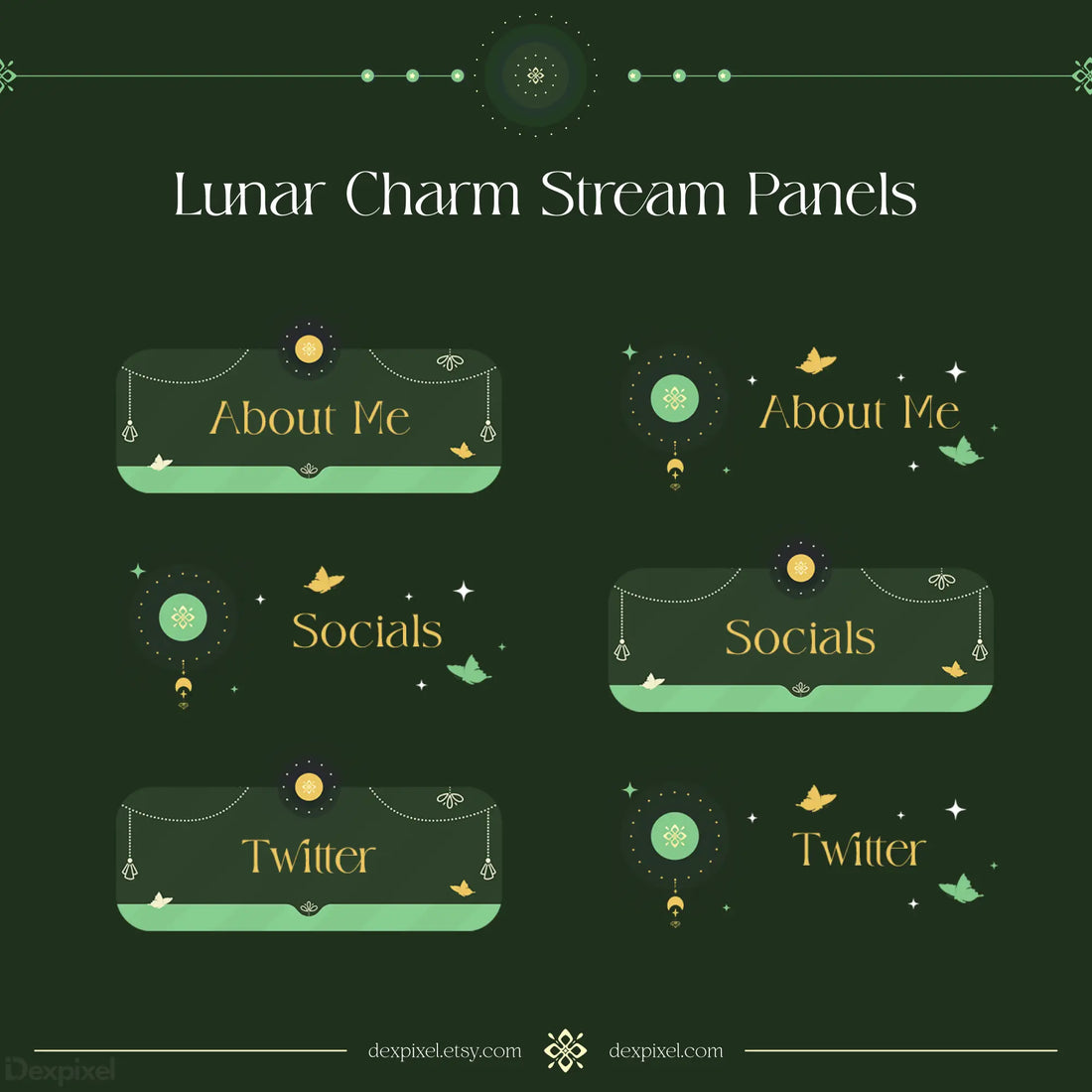 Set of decorative stream panels featuring lunar and celestial designs in green and gold tones.