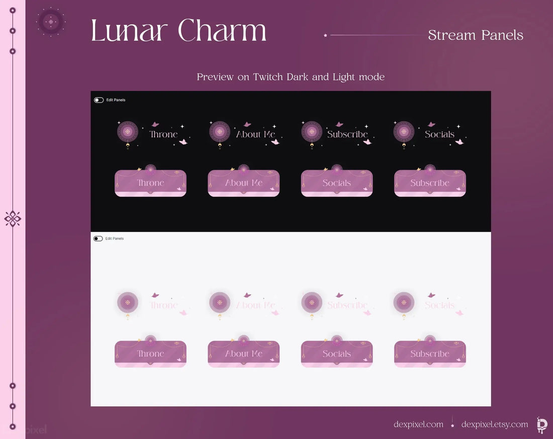 Set of purple stream panels with celestial and butterfly decorations featuring different button options like ’About Me,’ ’Subscribe,’ and ’Socials.’