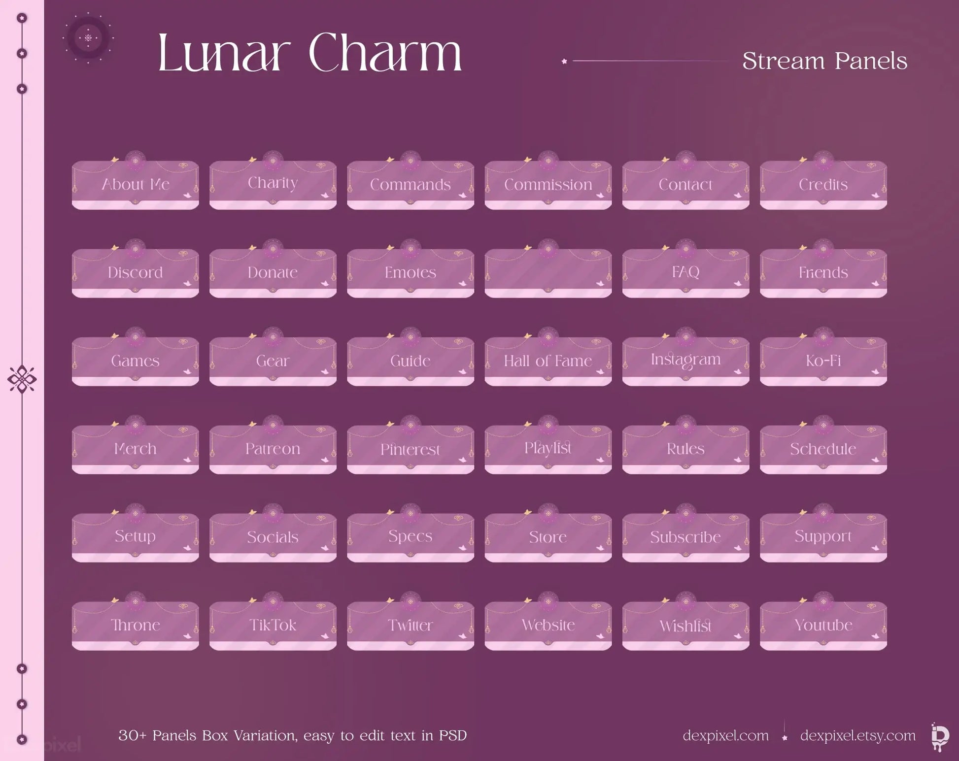 Stream panel overlay layout with a purple/mauve color scheme and decorative borders.