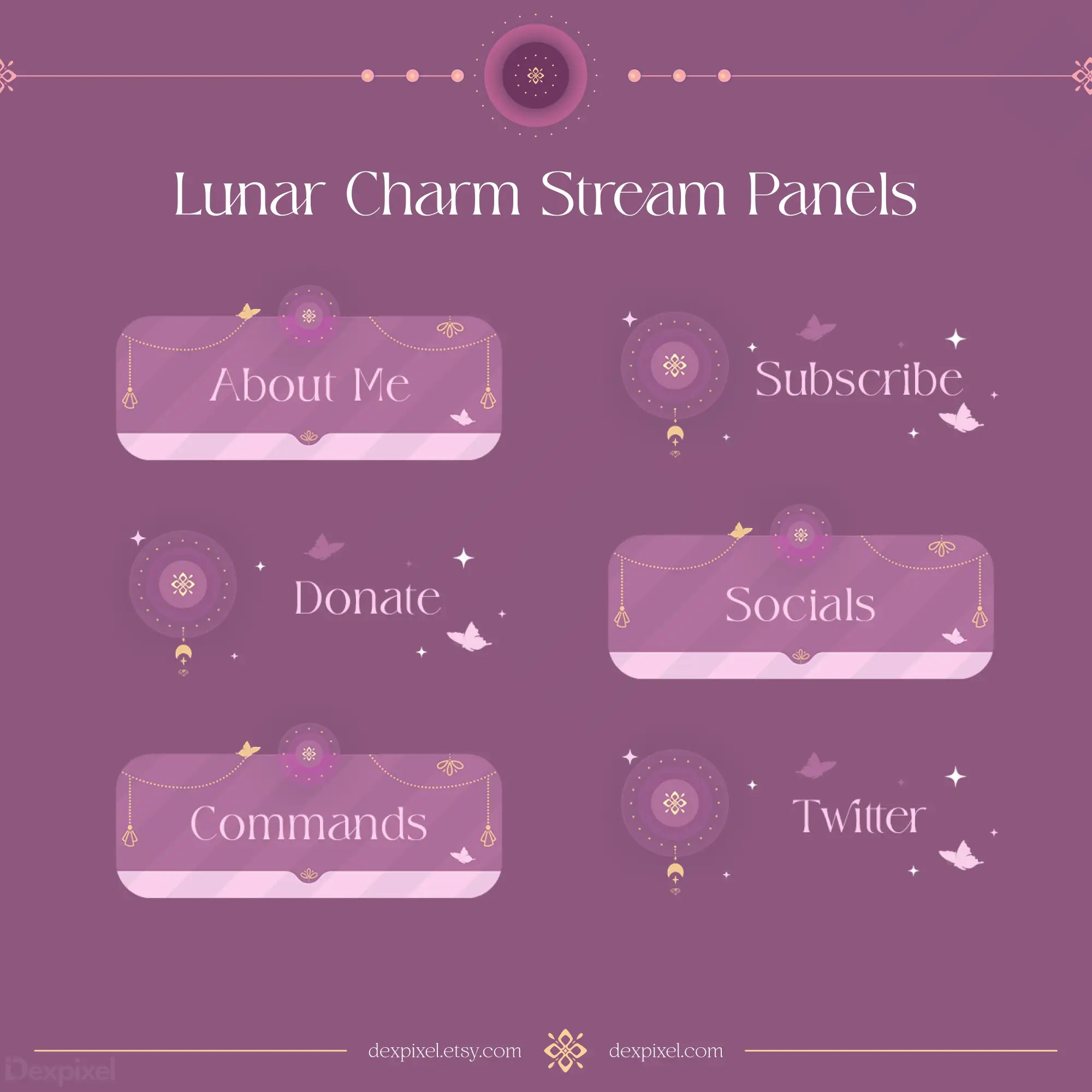 Set of purple stream panels with celestial and butterfly decorations featuring different button options like ’About Me,’ ’Subscribe,’ and ’Socials.’