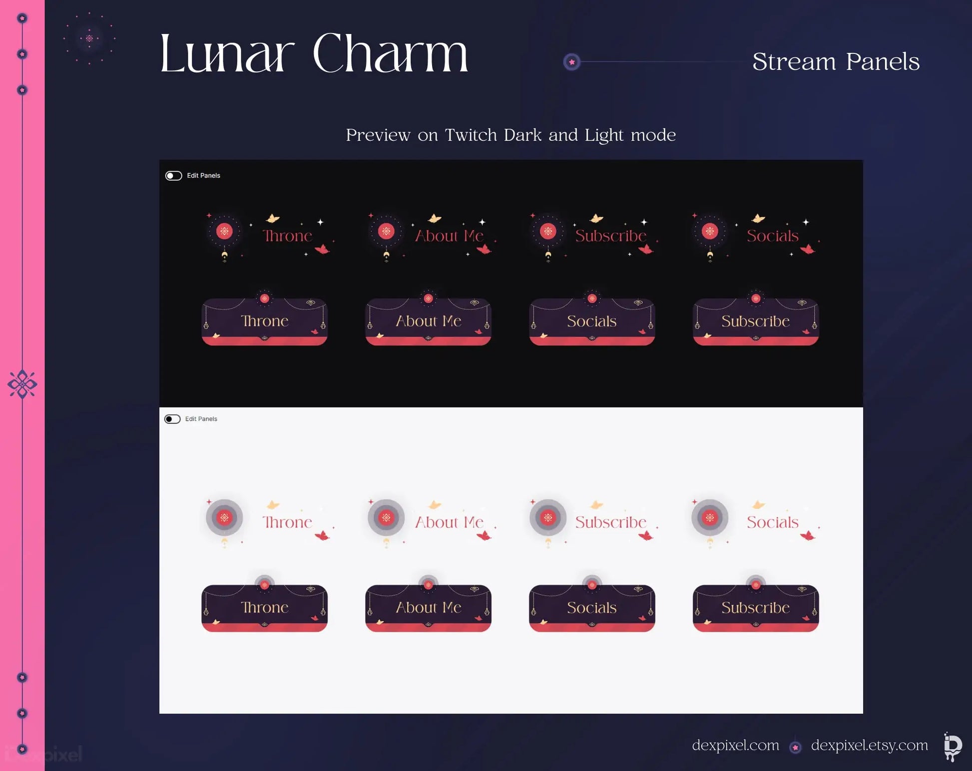 Stream panels in dark and light mode with a lunar/celestial theme featuring pink and black colors.