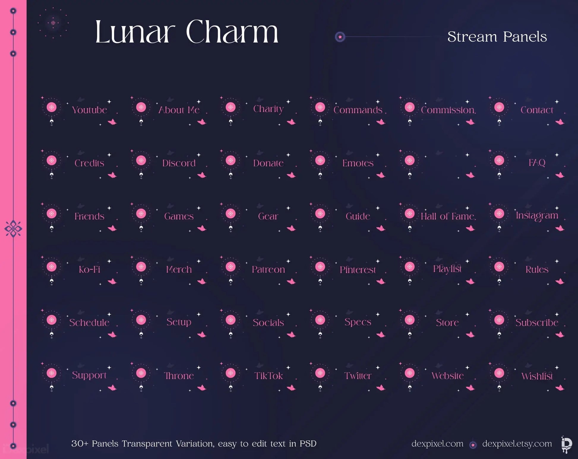 Stream panels layout with pink glowing dots and text in a lunar/celestial theme.