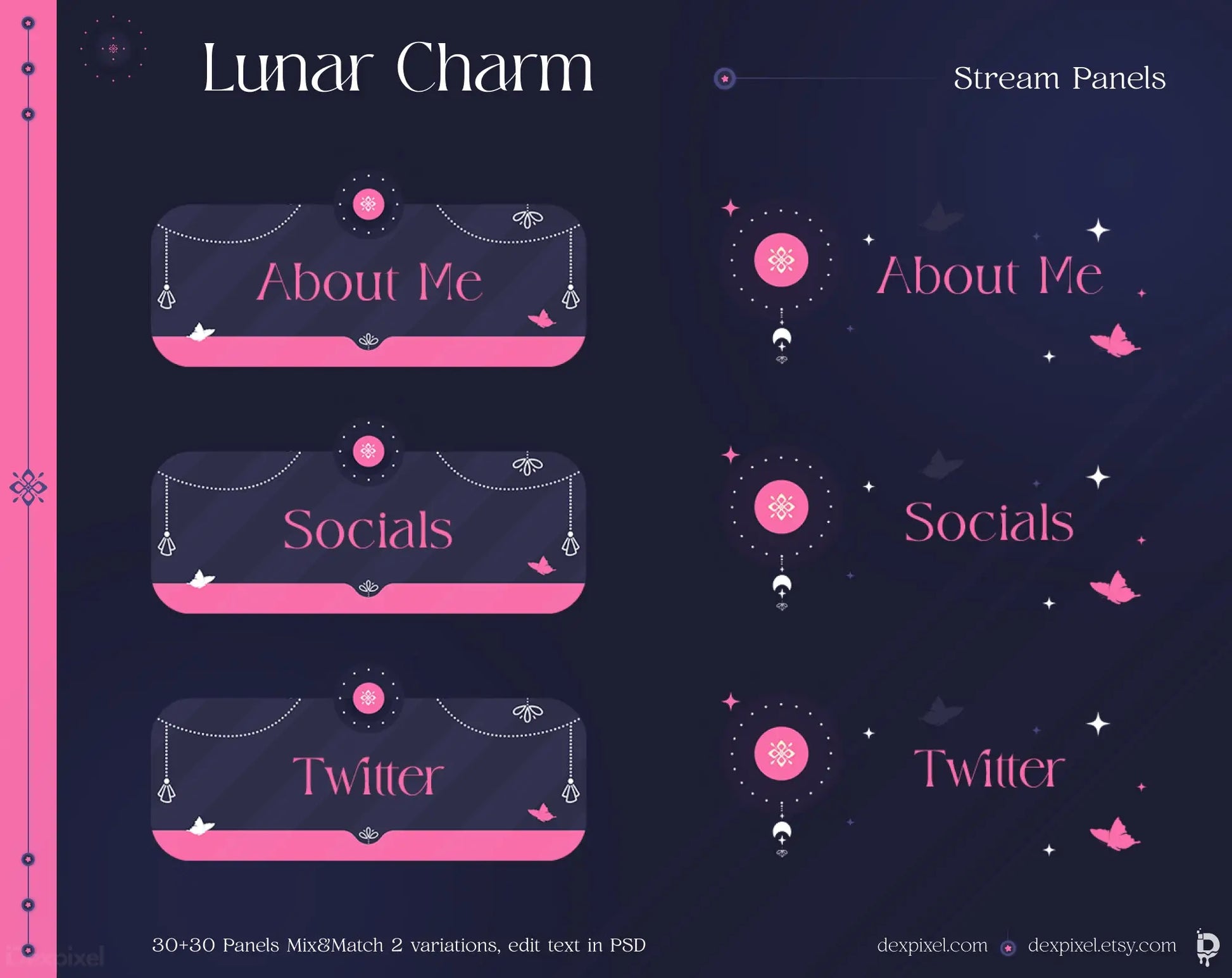 Stream panels with a lunar/celestial theme featuring pink and navy blue colors.