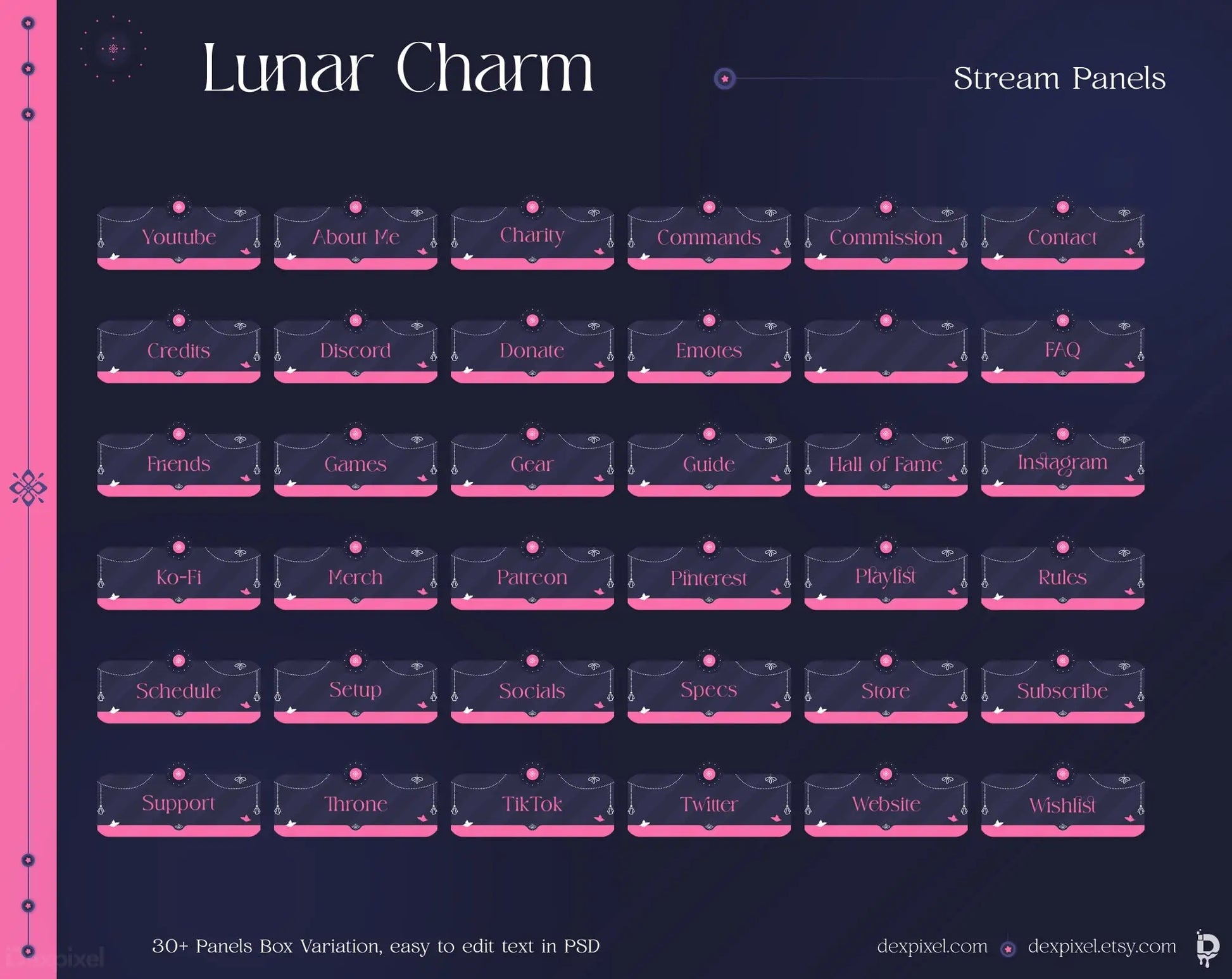 Stream panels with a lunar/celestial theme featuring pink accents and star decorations.